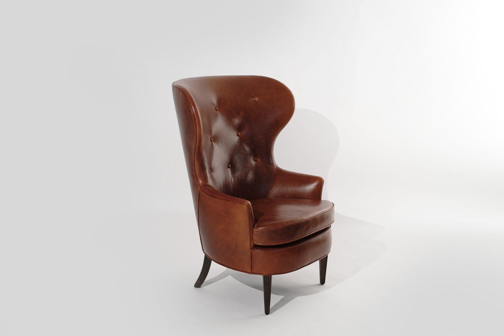 Mid-Century Modern Vintage Wingback Chair in Cognac Leather, C. 1950s For Sale