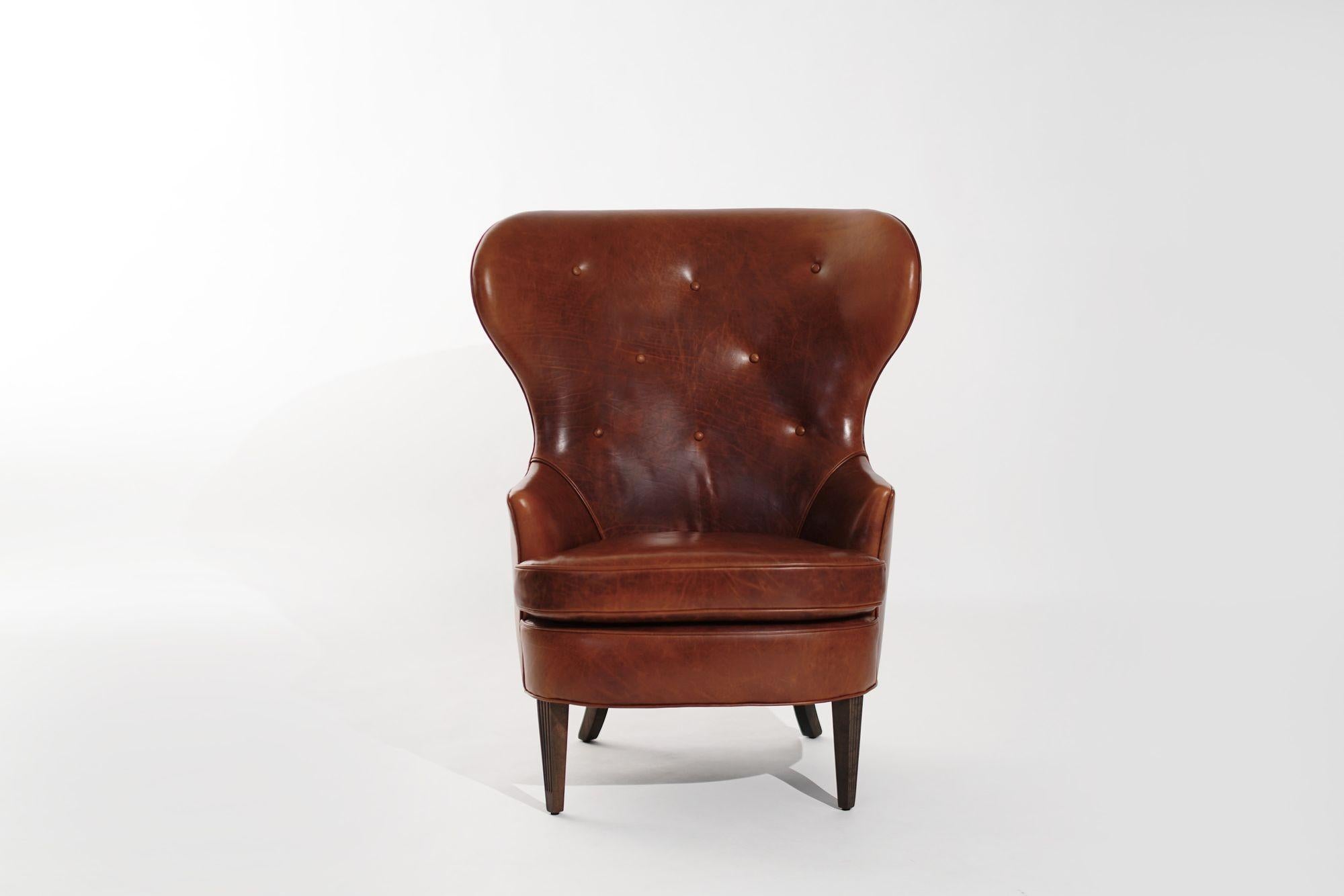 Cuir A.I.C. Vintage Wingback Chair in Cognac Leather, C. 1950s en vente