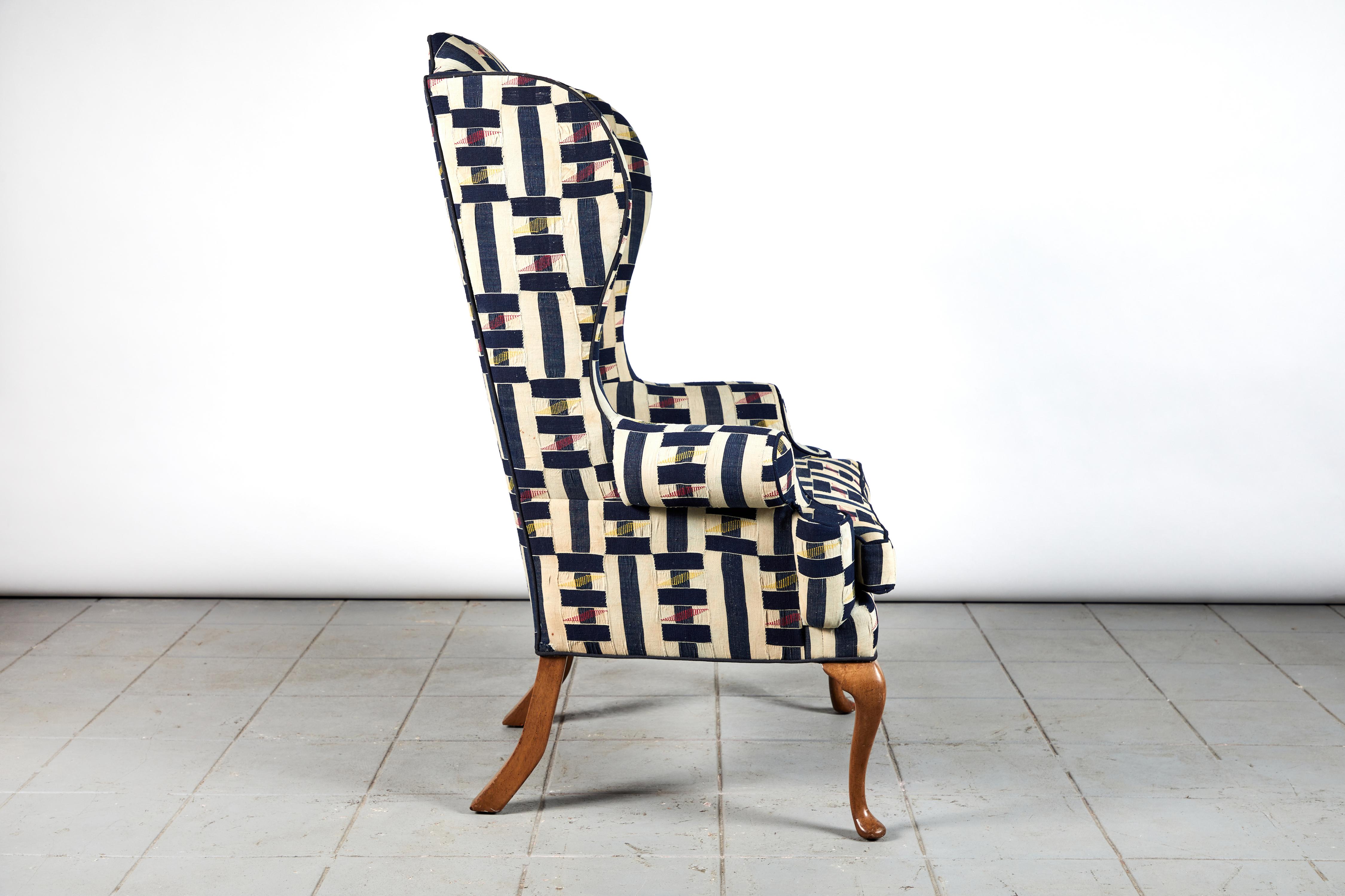 Ghanaian Vintage Wingback Chair in Multicolored Ewe Fabric from Ghana