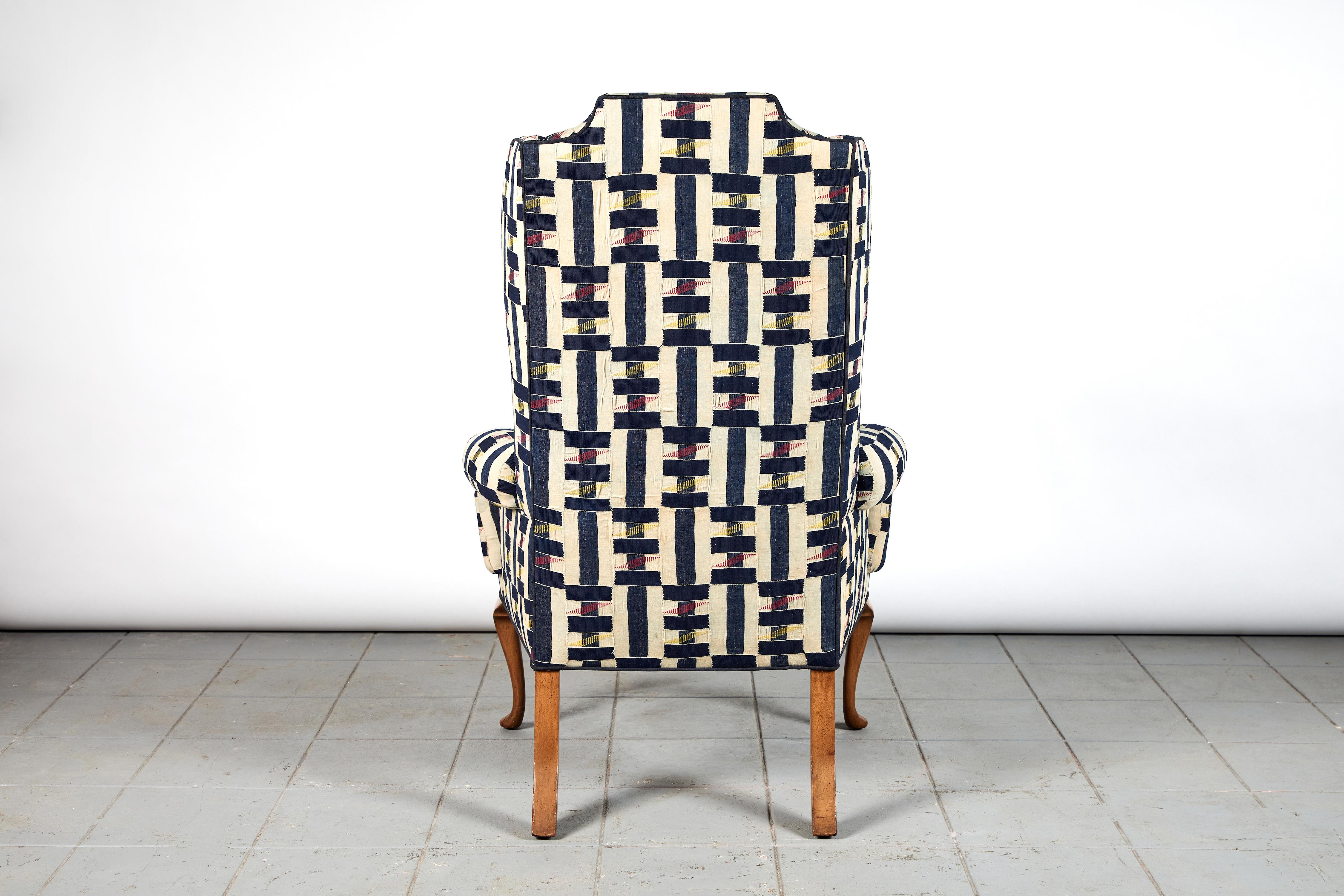 20th Century Vintage Wingback Chair in Multicolored Ewe Fabric from Ghana