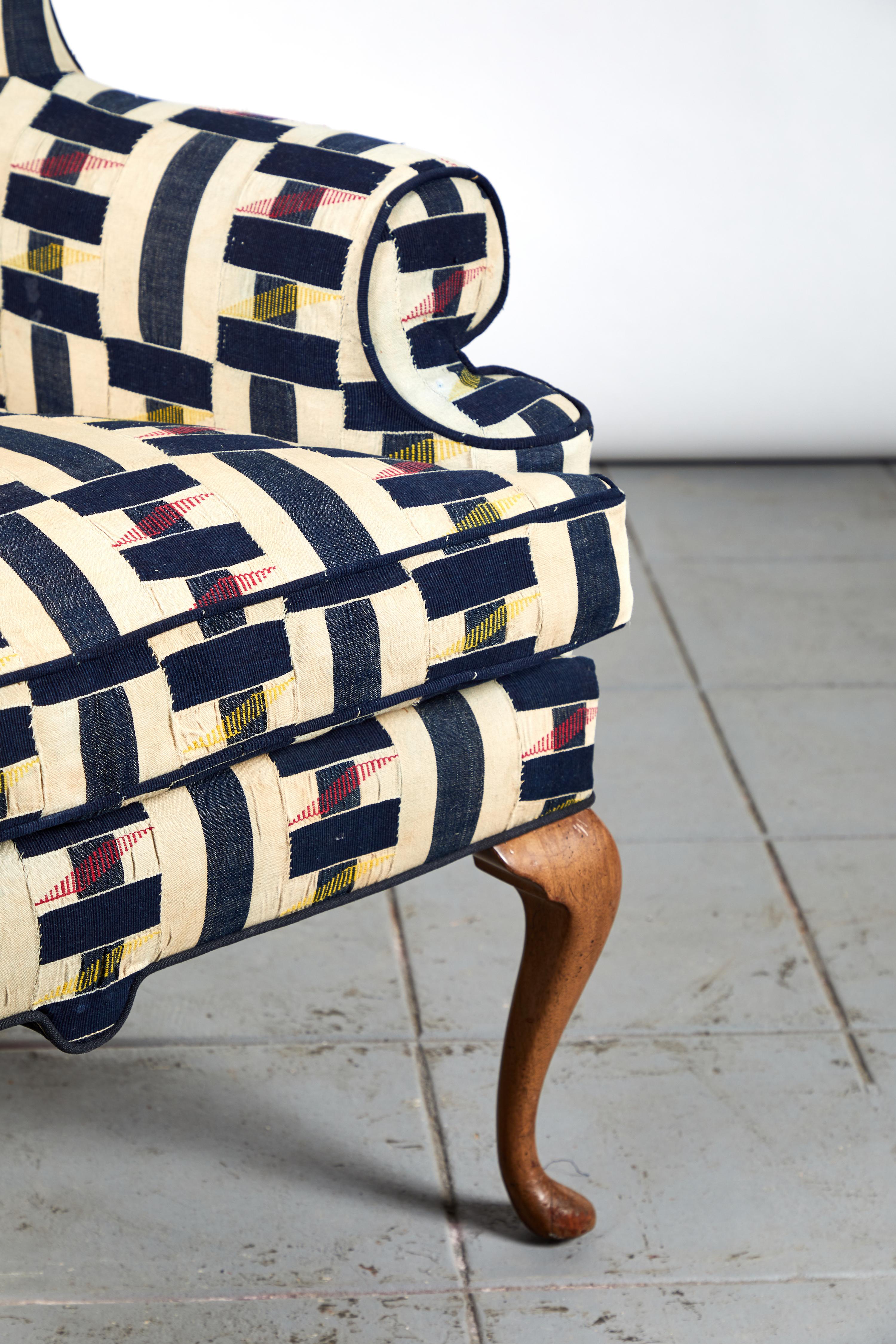 Cotton Vintage Wingback Chair in Multicolored Ewe Fabric from Ghana