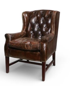Vintage Wingback Chair in Patinated Brown Leather with Brass Nailhead Trim