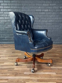 Vintage Wingback English Chesterfield Style Blue Leather Office Chair