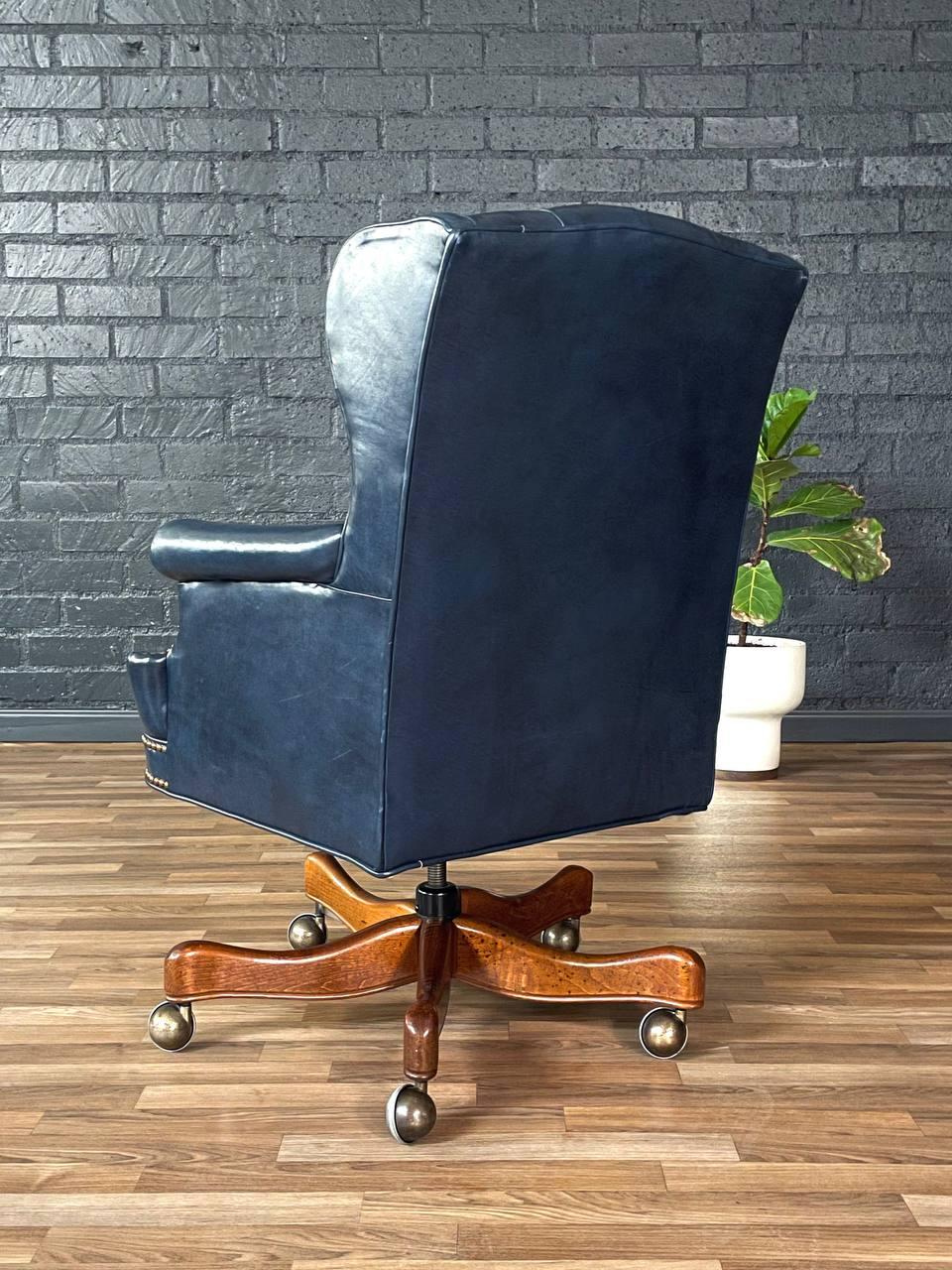 American Vintage Wingback English Chesterfield Style Blue Leather Office Chair