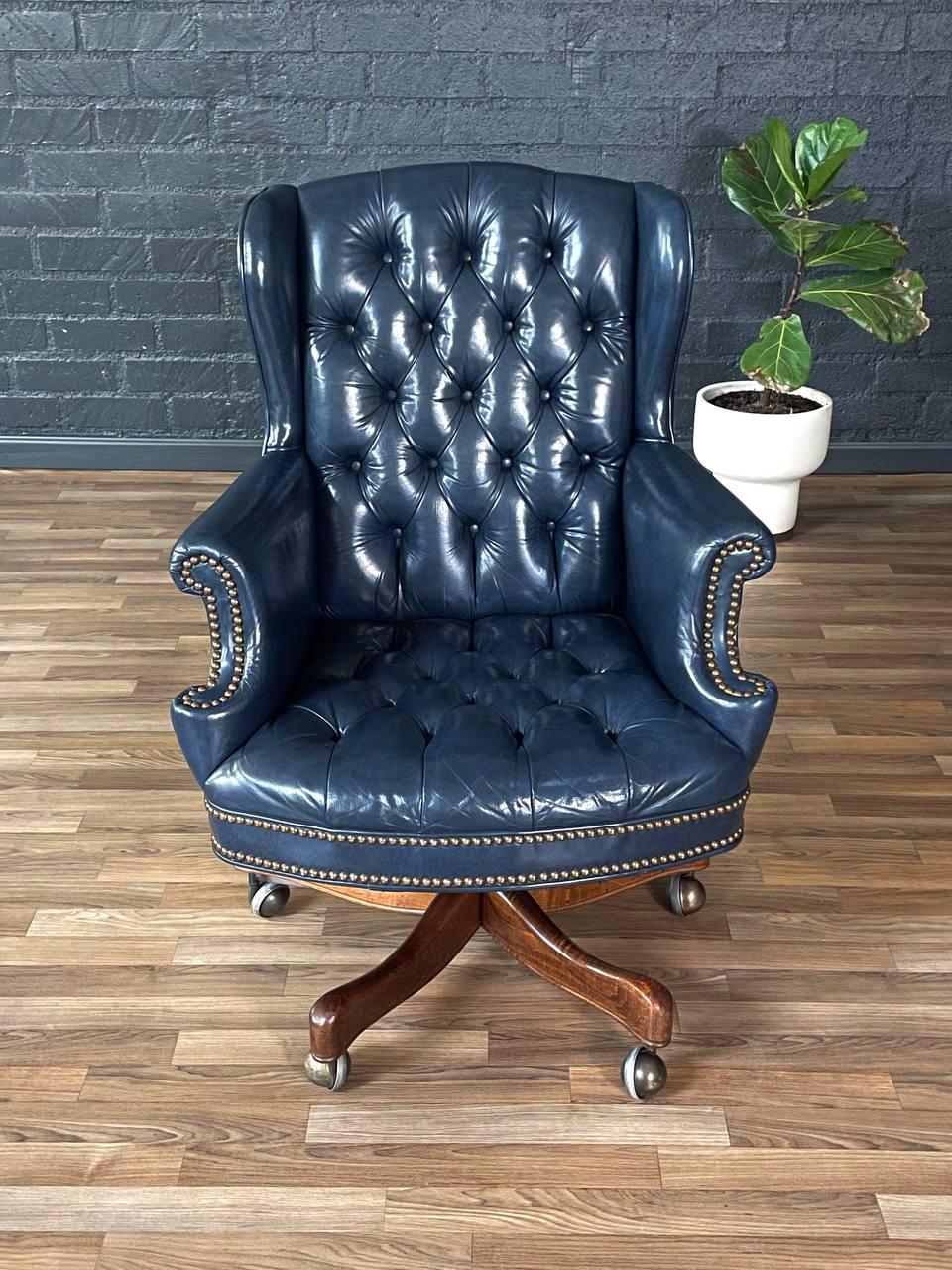 Vintage Wingback English Chesterfield Style Blue Leather Office Chair In Good Condition In Los Angeles, CA
