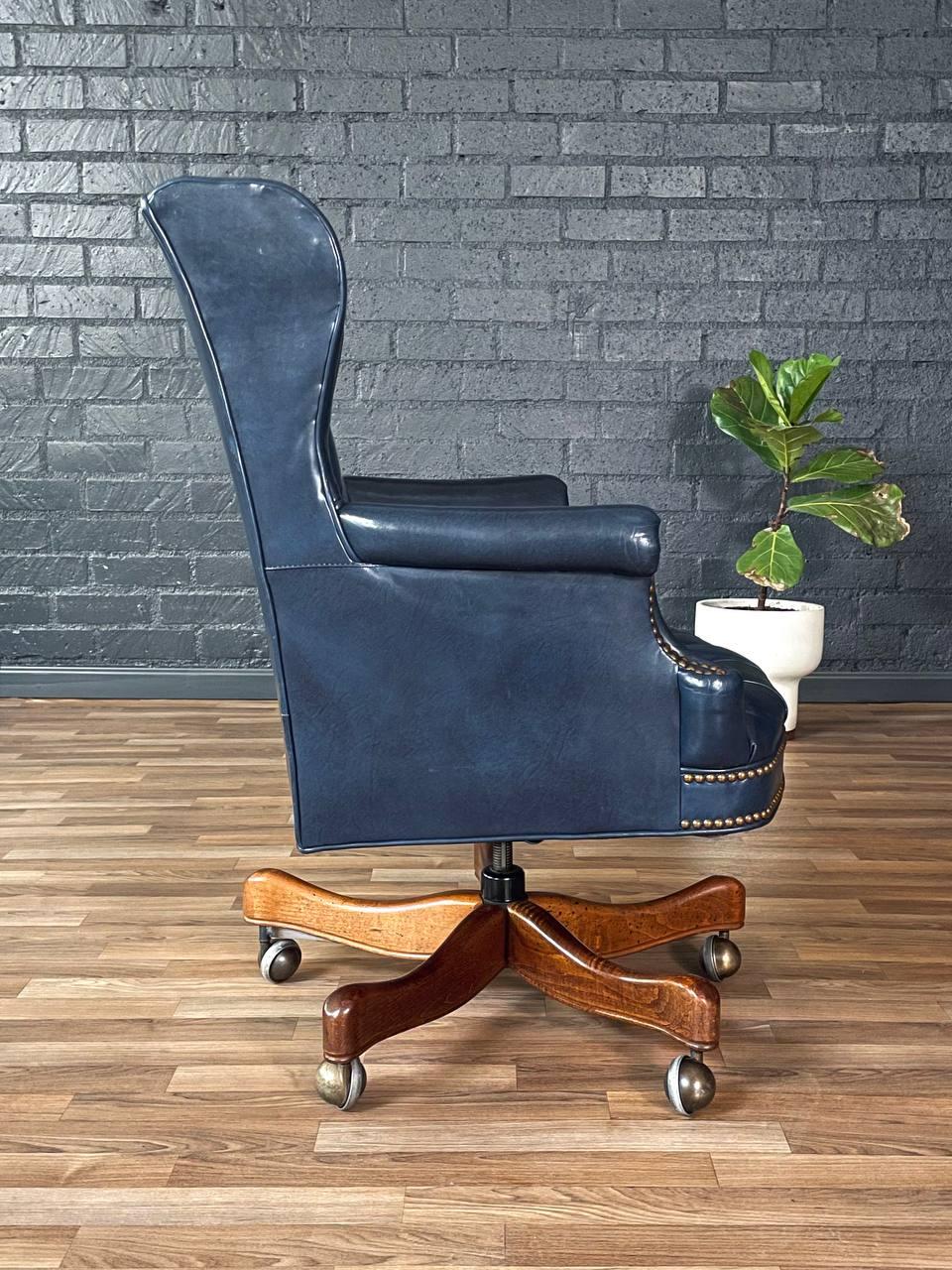 Mid-20th Century Vintage Wingback English Chesterfield Style Blue Leather Office Chair