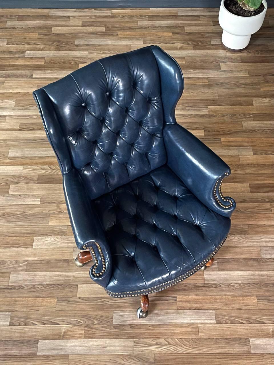 Brass Vintage Wingback English Chesterfield Style Blue Leather Office Chair