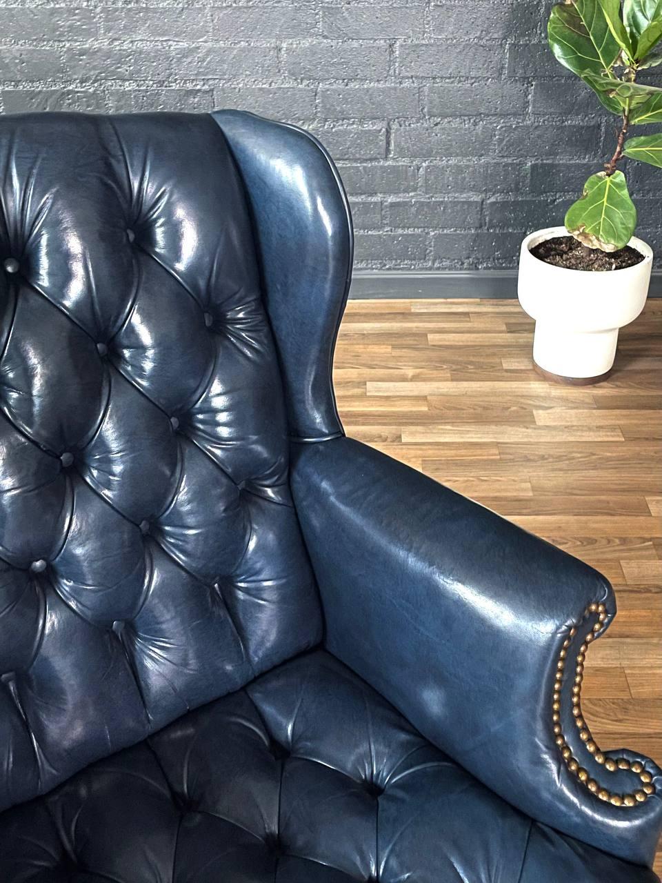 Vintage Wingback English Chesterfield Style Blue Leather Office Chair 1