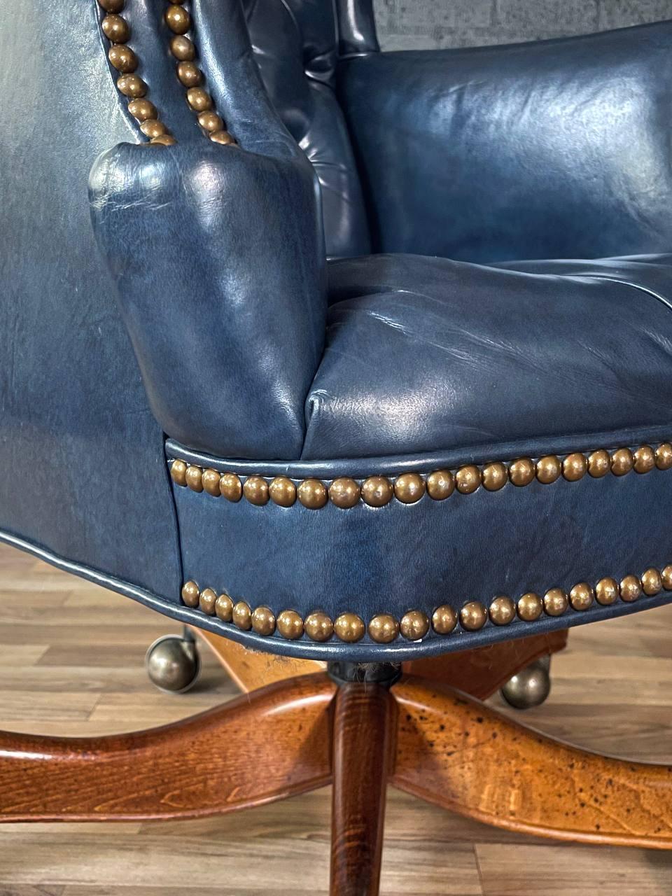 Vintage Wingback English Chesterfield Style Blue Leather Office Chair 3