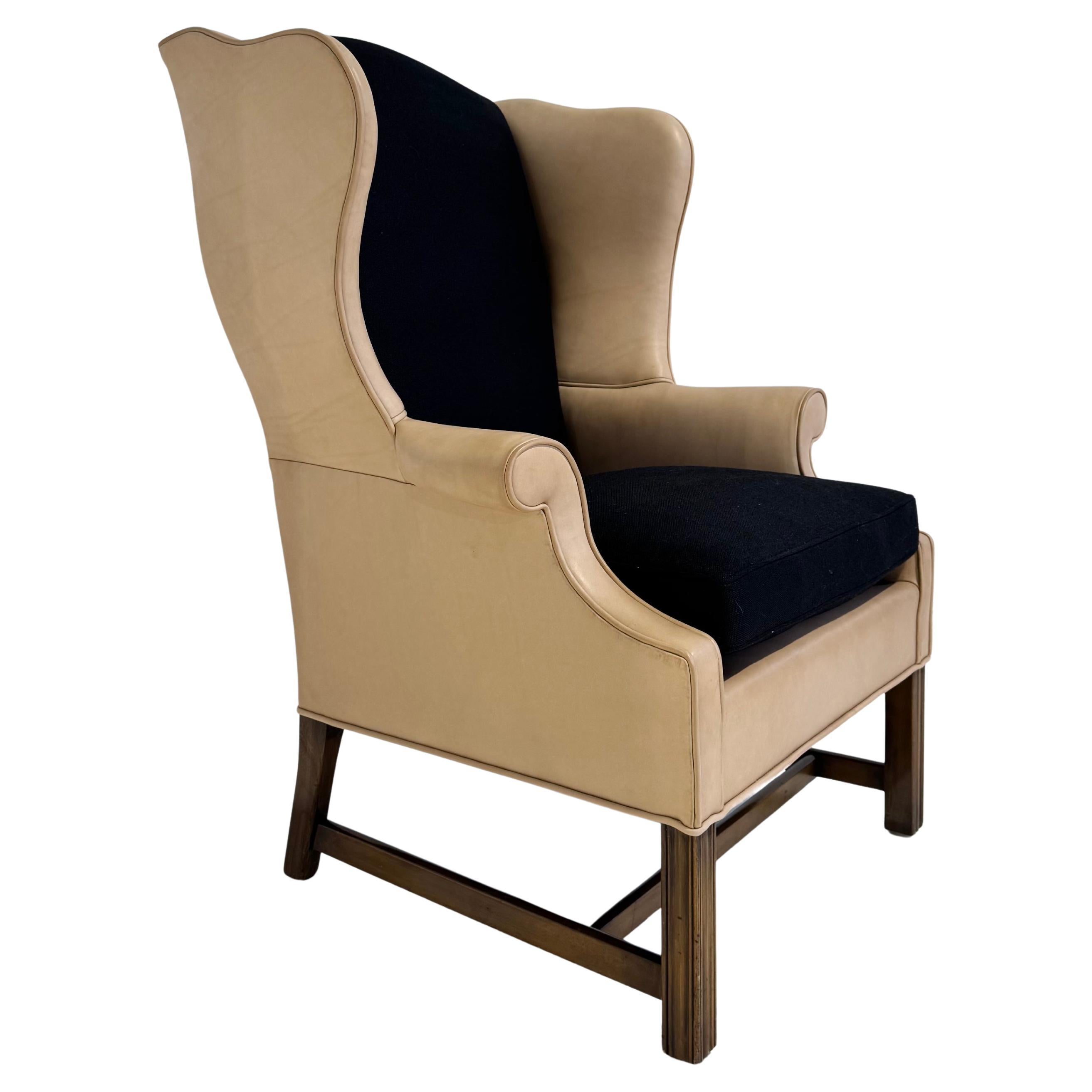 Vintage Wingback in Sorenson Leather and Rose Uniacke Linen For Sale