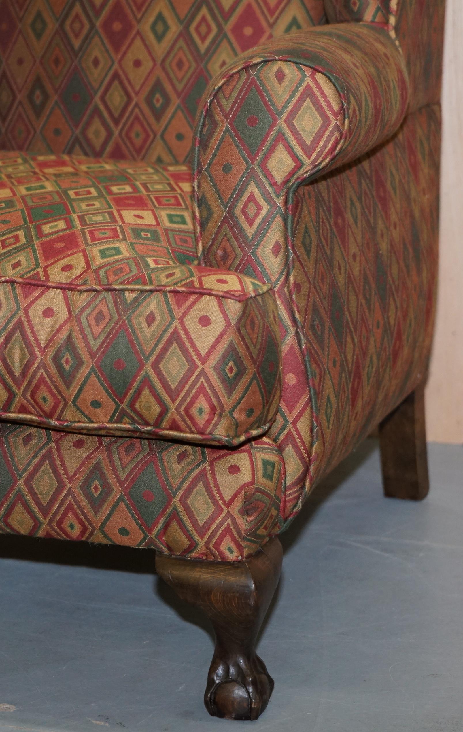 Vintage Wingback Kilim Style Upholstery Wingback Amrchair Claw & Ball Feet For Sale 1