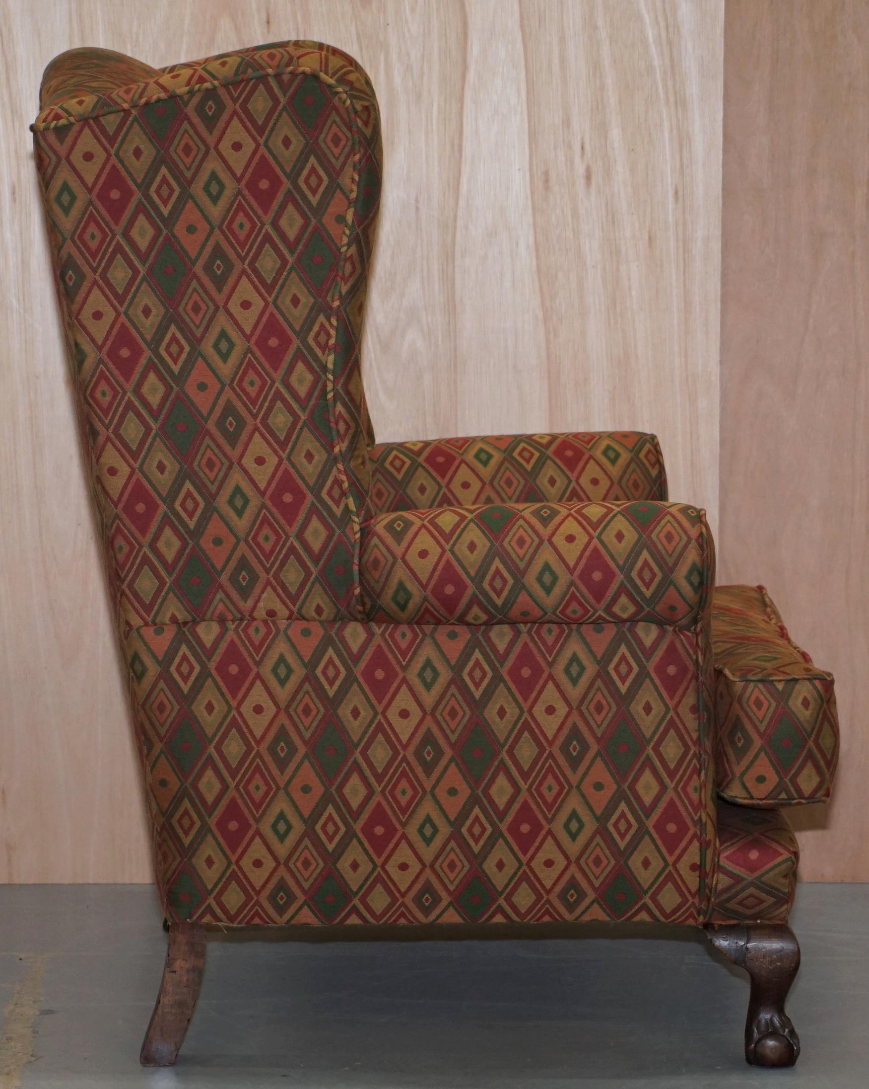 Vintage Wingback Kilim Style Upholstery Wingback Amrchair Claw & Ball Feet For Sale 5