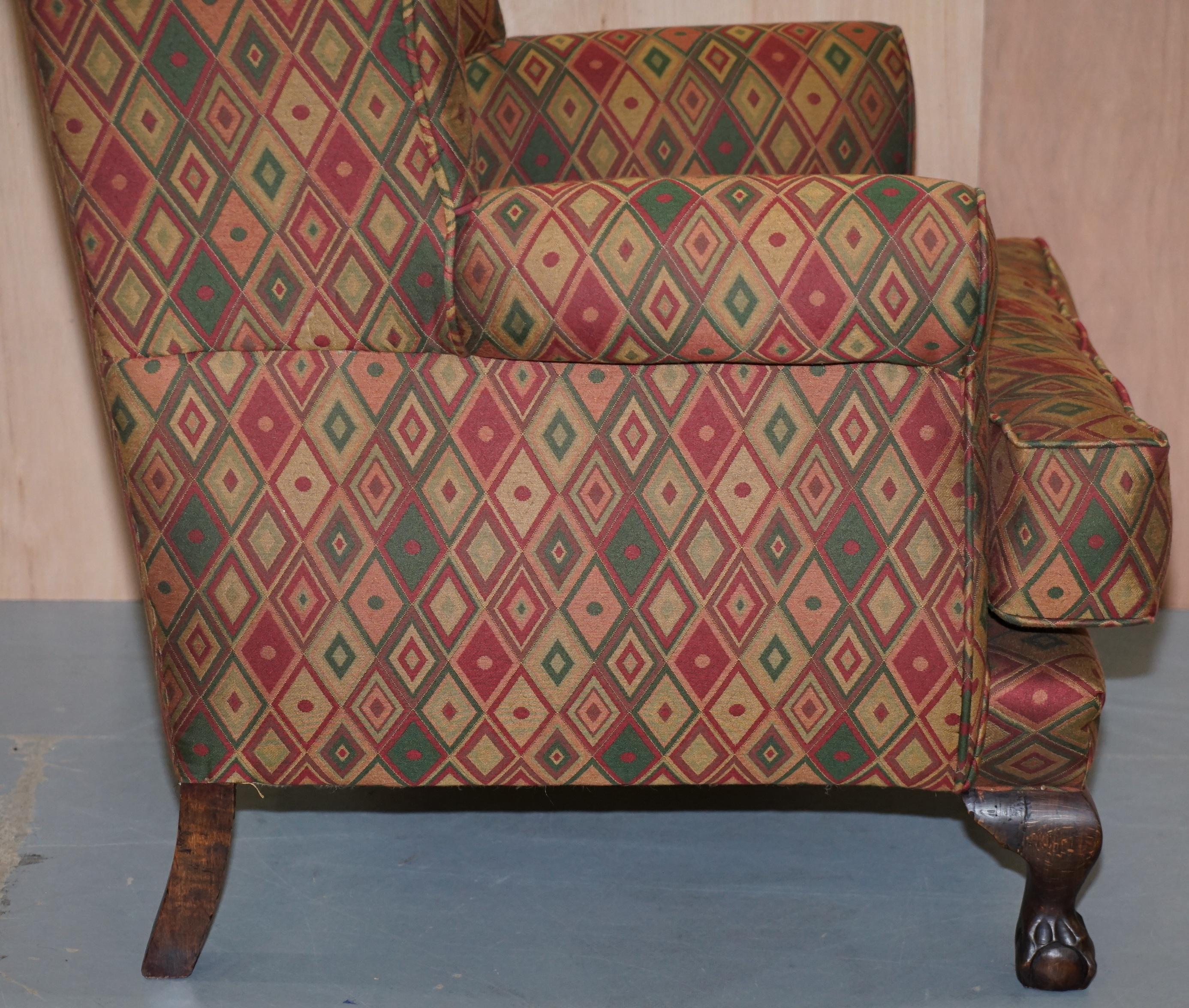 Vintage Wingback Kilim Style Upholstery Wingback Amrchair Claw & Ball Feet For Sale 6
