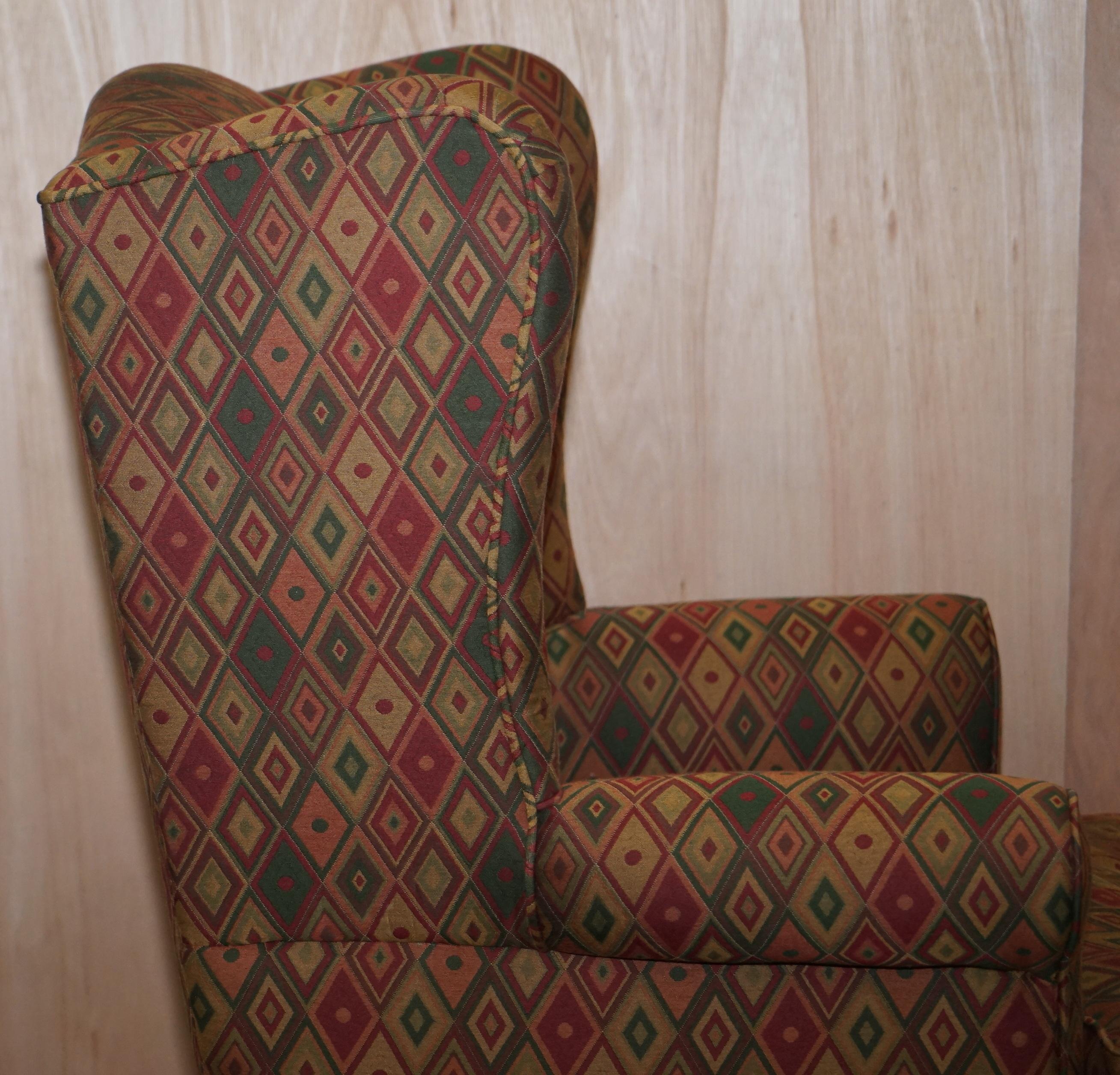 Vintage Wingback Kilim Style Upholstery Wingback Amrchair Claw & Ball Feet For Sale 7