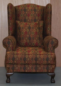 Vintage Wingback Kilim Style Upholstery Wingback Amrchair Claw & Ball Feet