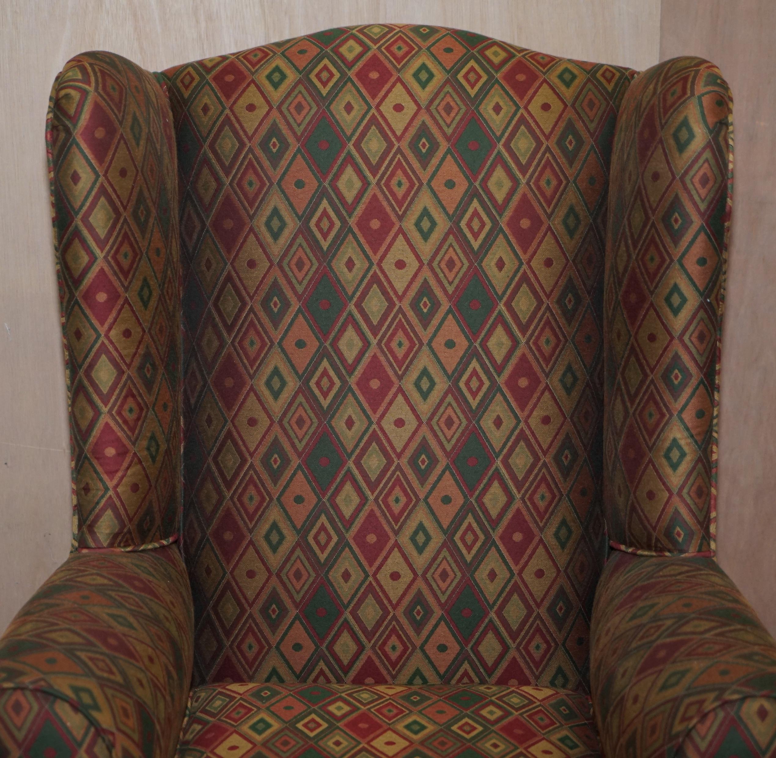 Mid-Century Modern Vintage Wingback Kilim Style Upholstery Wingback Amrchair Claw & Ball Feet For Sale