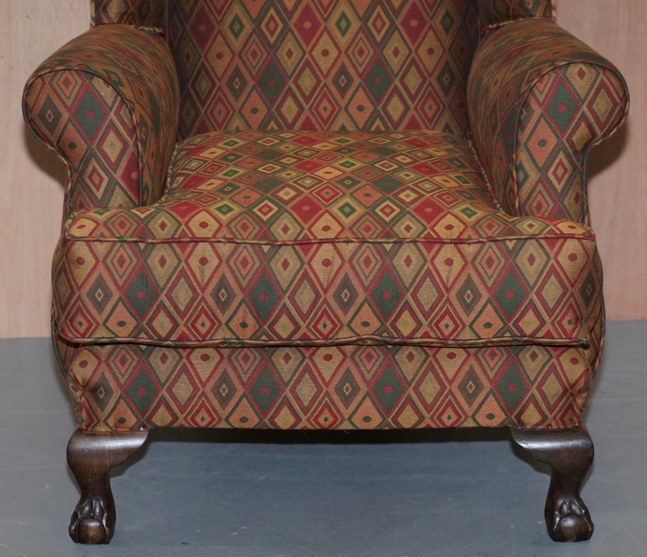 20th Century Vintage Wingback Kilim Style Upholstery Wingback Amrchair Claw & Ball Feet For Sale