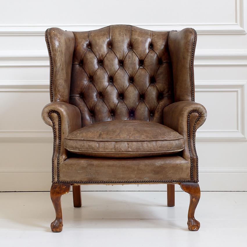 European Vintage Wingback Leather Armchair For Sale