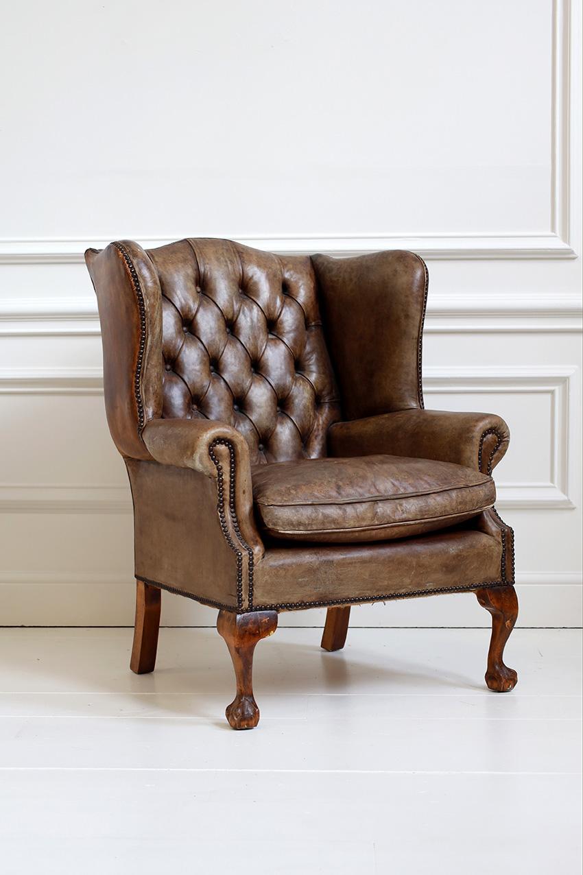 Brass Vintage Wingback Leather Armchair For Sale