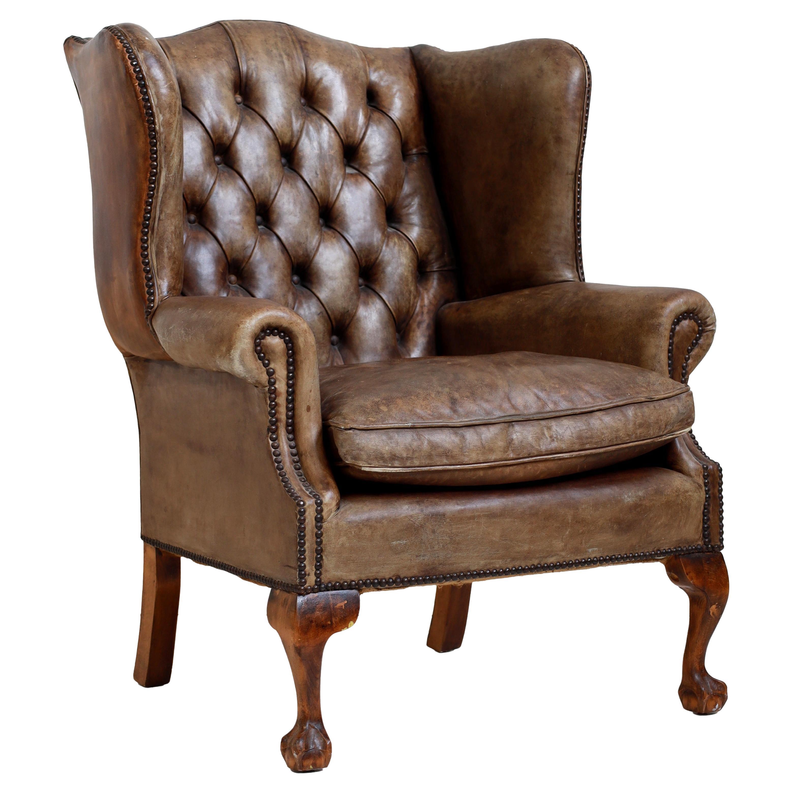 Vintage Wingback Leather Armchair For Sale