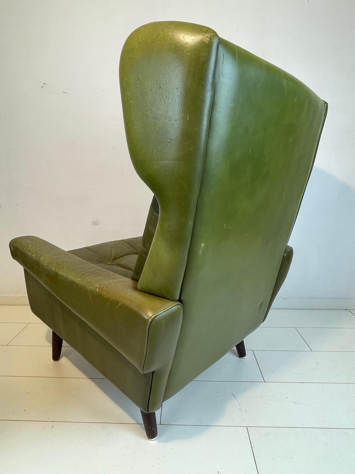 Danish Vintage wingback lounge chair by Svend Skipper, 1960’S Green Leather with hocker