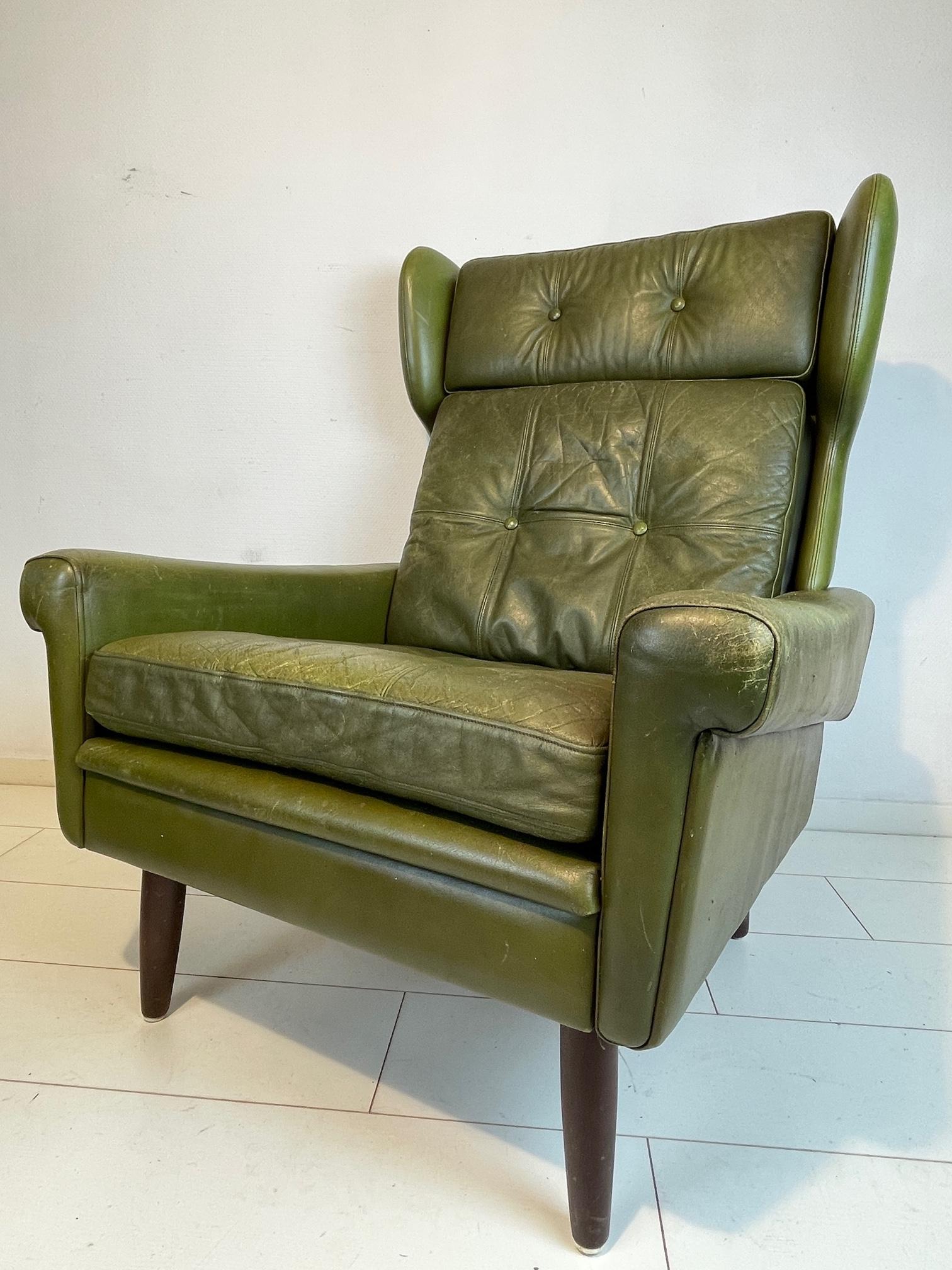 Mid-20th Century Vintage wingback lounge chair by Svend Skipper, 1960’S Green Leather with hocker