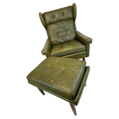 Vintage wingback lounge chair by Svend Skipper, 1960’S Green Leather with hocker