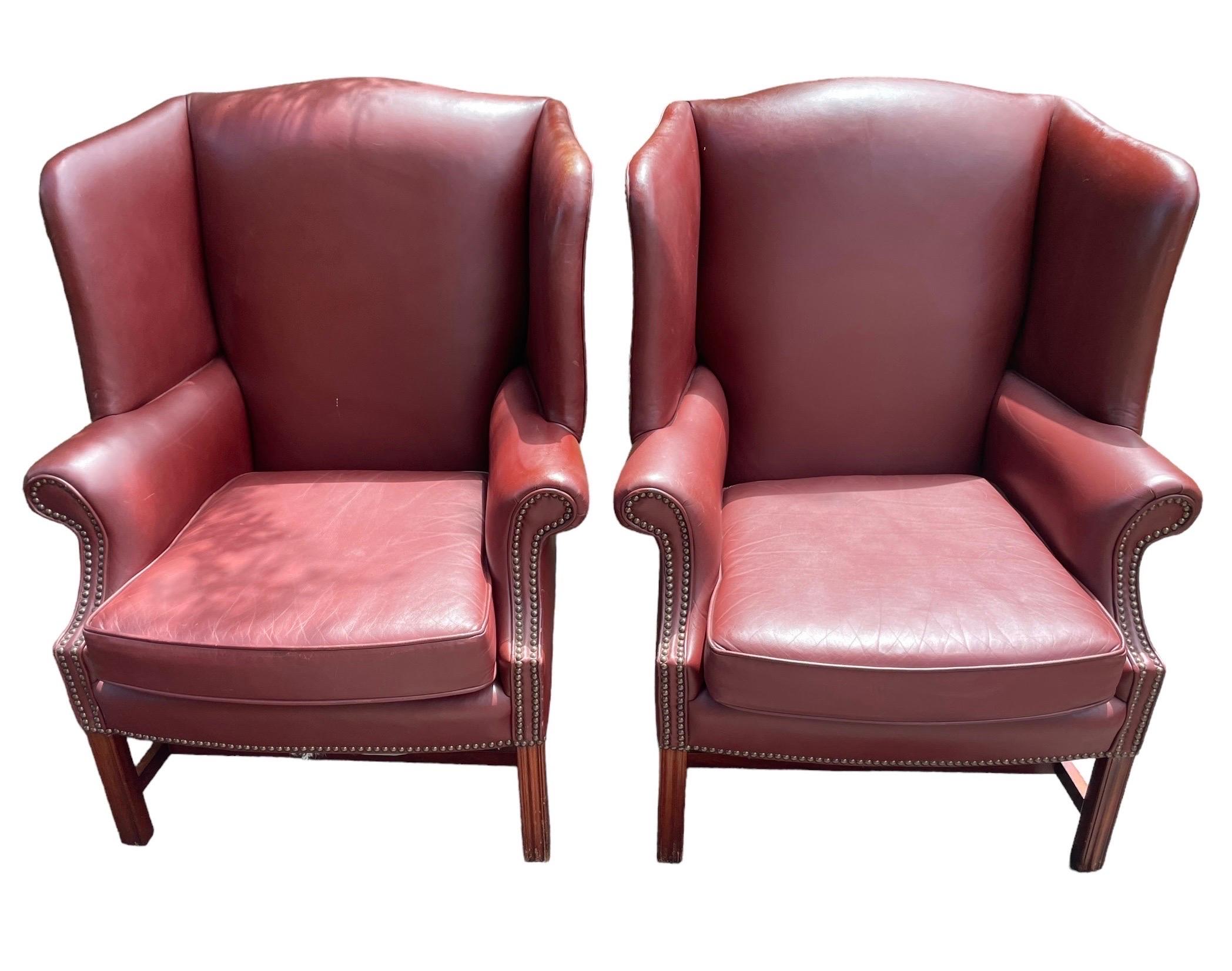 Hollywood Regency Vintage Wingback Pair of Red Leather Armchairs