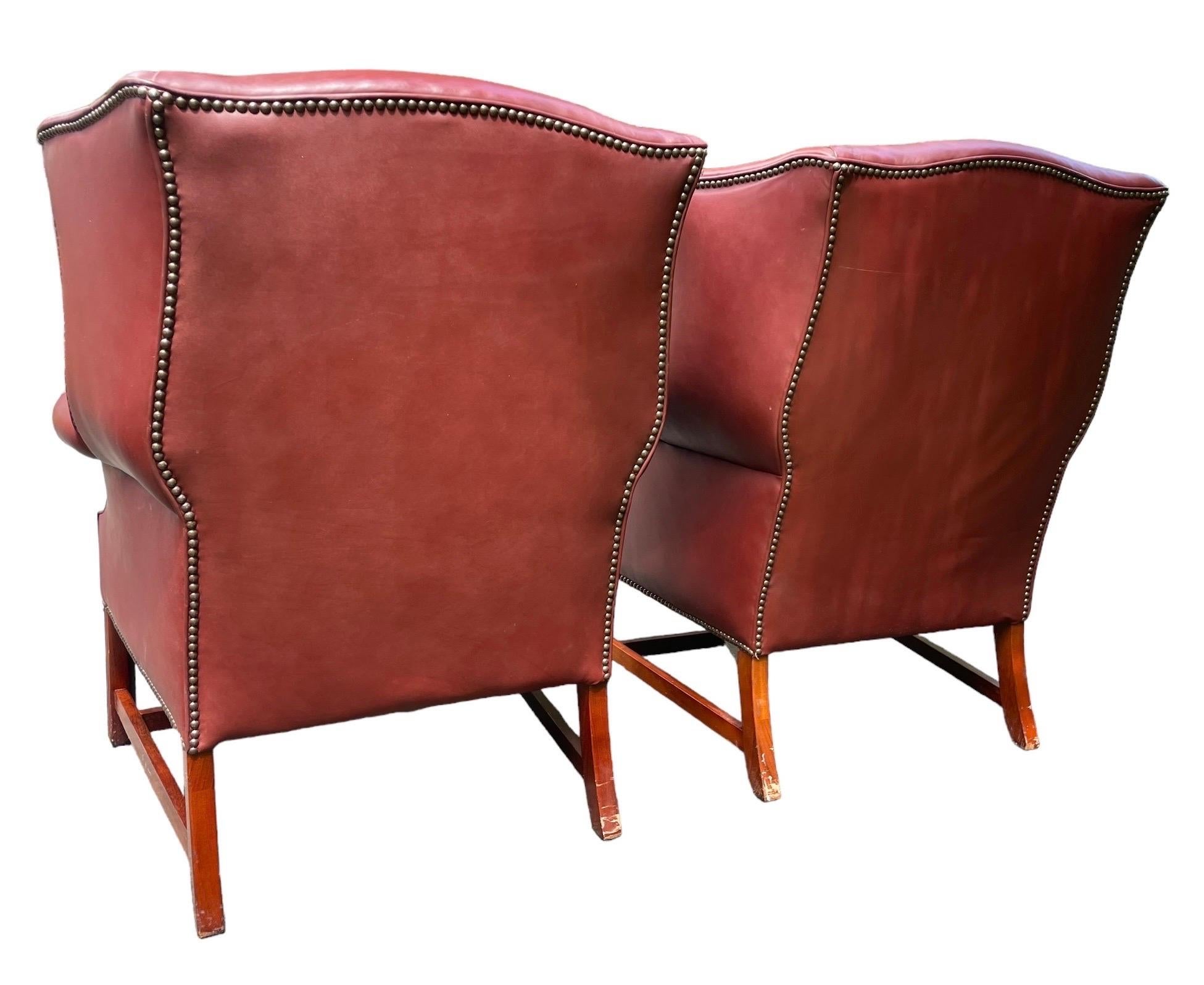 Unknown Vintage Wingback Pair of Red Leather Armchairs