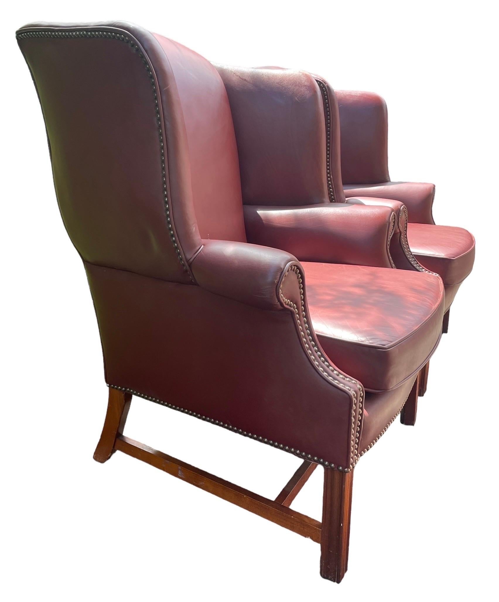 Vintage Wingback Pair of Red Leather Armchairs 2