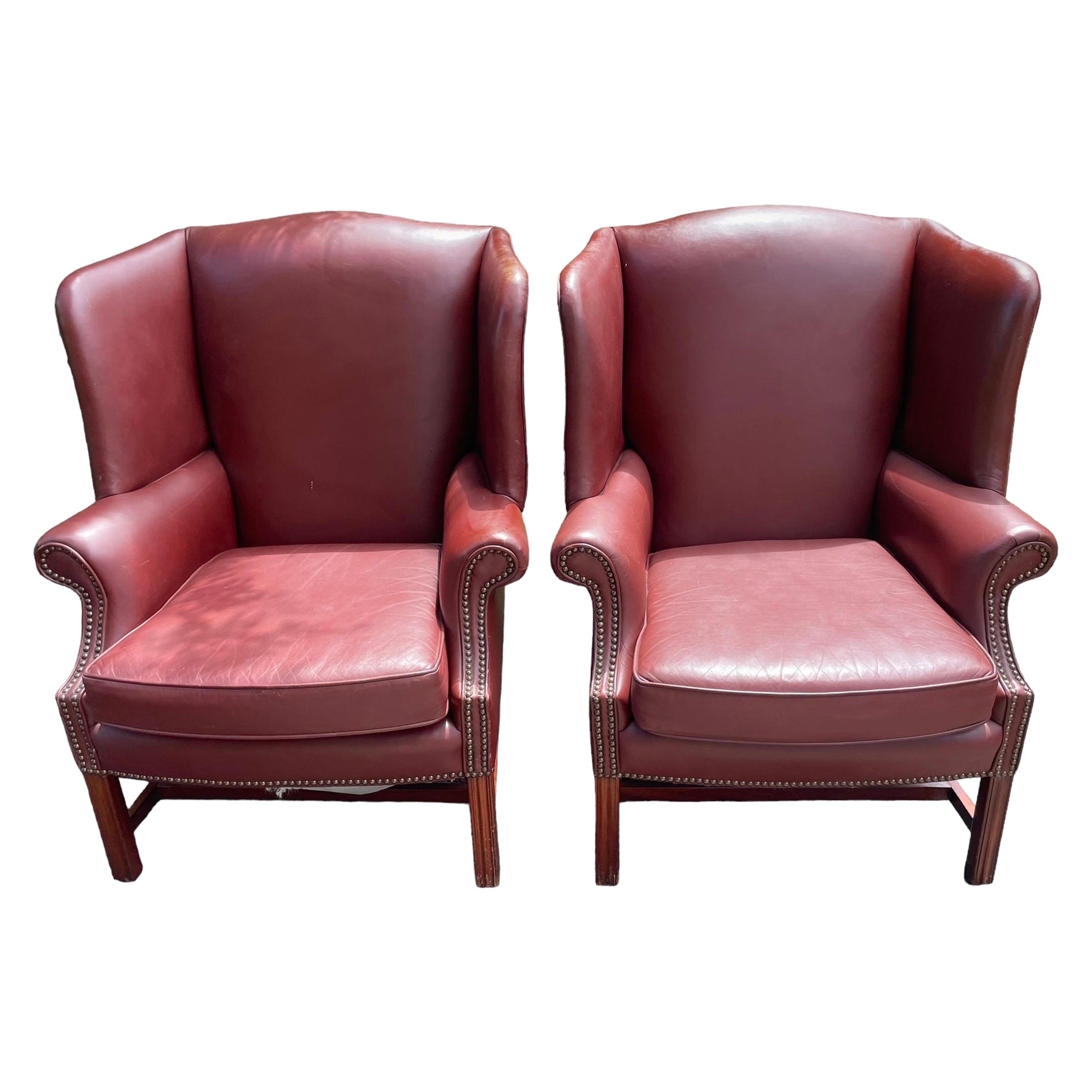 Vintage Wingback Pair of Red Leather Armchairs