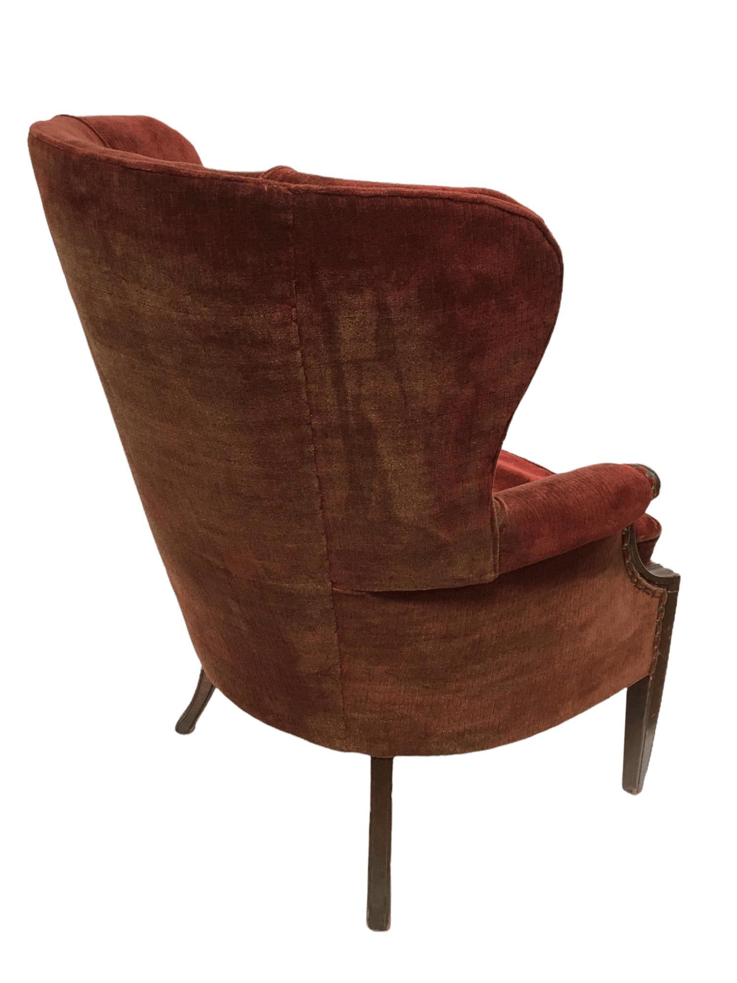 Art Deco Vintage Red Velvet Wingback Chair W/ Tufted Seats, C 1920