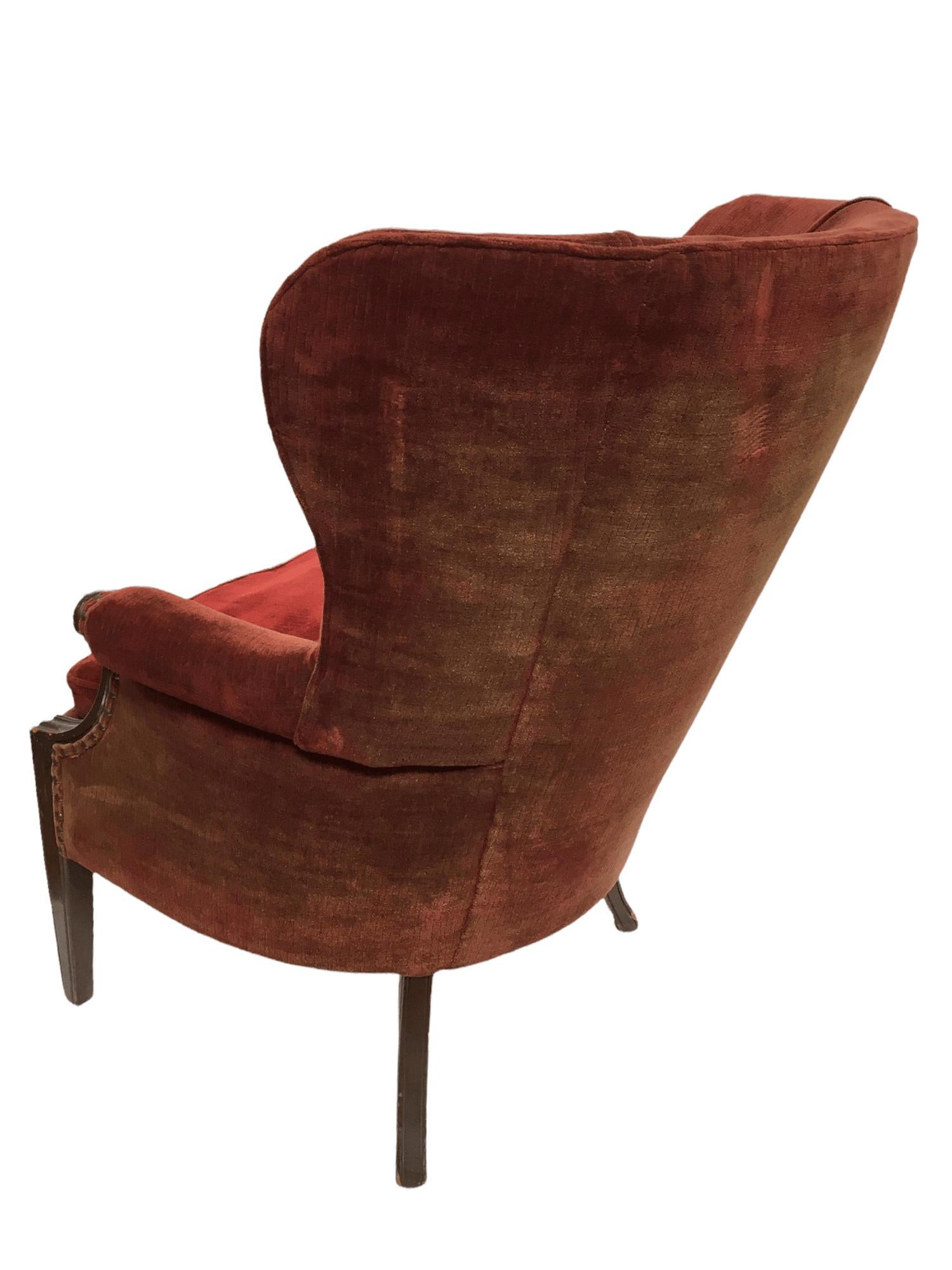 Vintage Red Velvet Wingback Chair W/ Tufted Seats, C 1920 In Good Condition In Van Nuys, CA