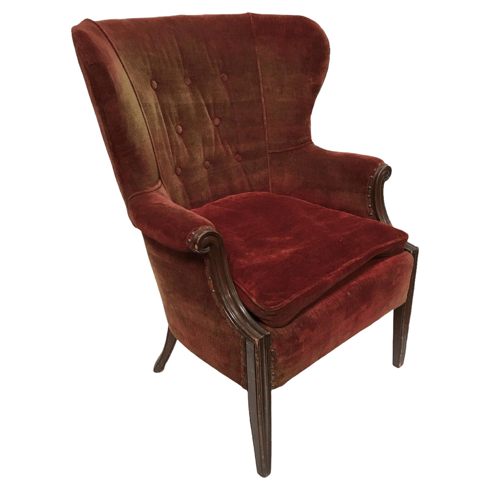 Vintage Red Velvet Wingback Chair W/ Tufted Seats, C 1920