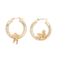 Vintage Winged Angel Hoop Earrings 3/4" 14k Yellow Gold Fine Cupid Jewelry