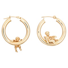 Vintage Winged Angel Hoop Earrings 3/4" 14k Yellow Gold Fine Cupid Jewelry