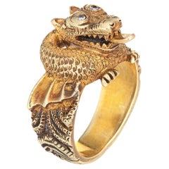 Vintage Winged Dragon Ring 18k Yellow Gold Diamond Eyes Band Fine Jewelry 8.5