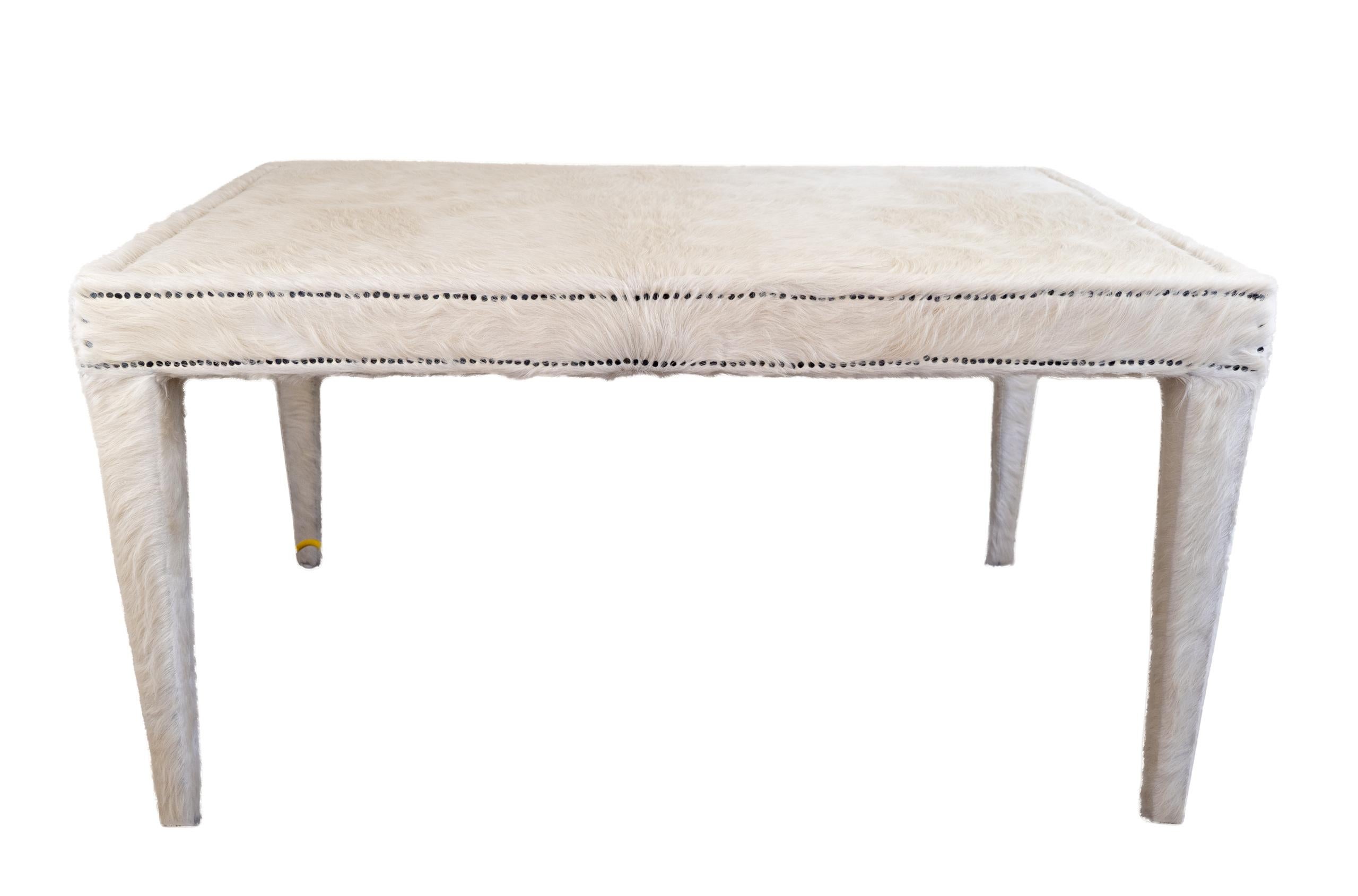 Mid-Century Modern Vintage Winter Cowhide Covered Coffee Table For Sale
