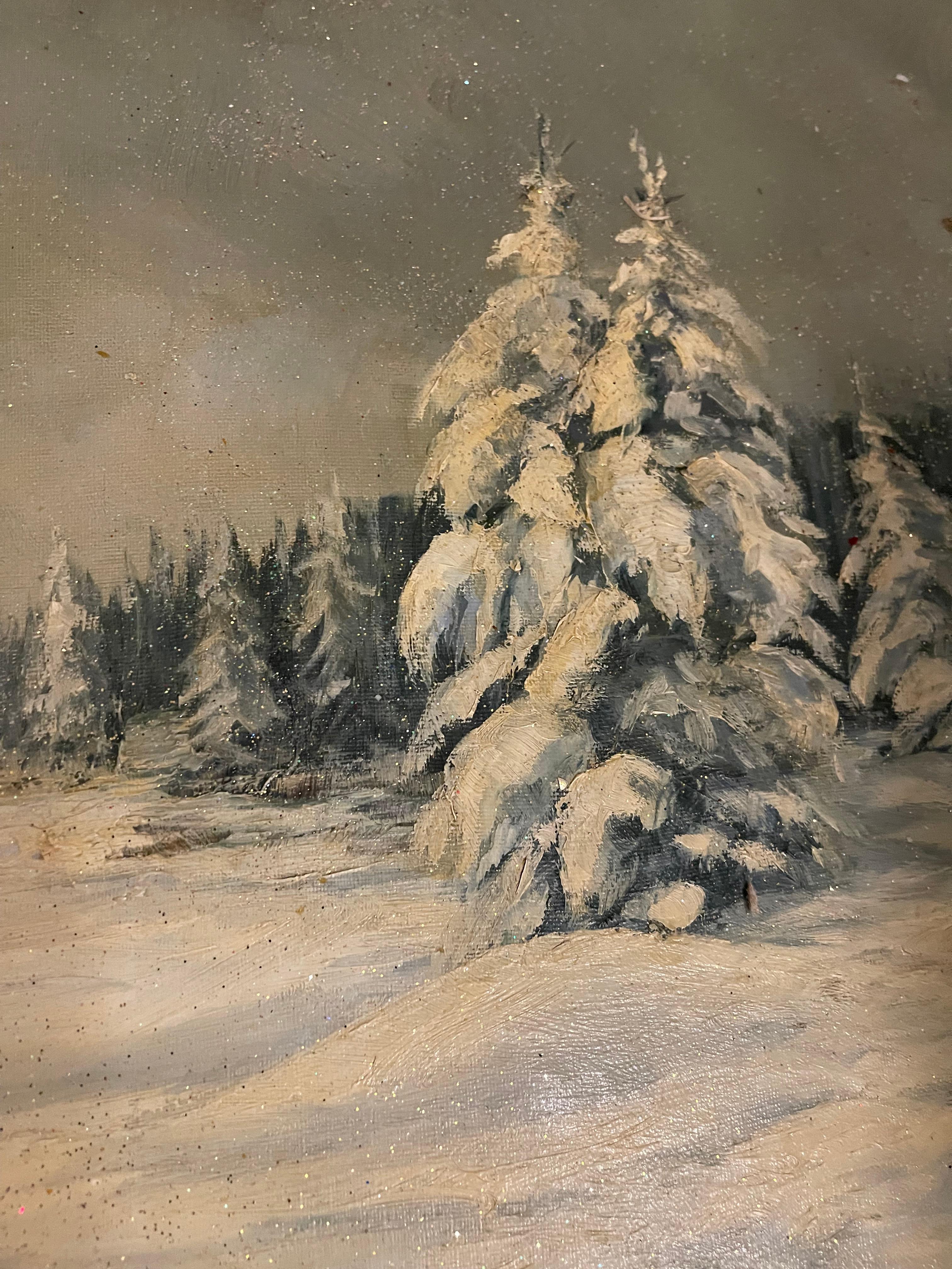 Vintage Winter Landscape in Figural Santas Frame (Leinwand) im Angebot