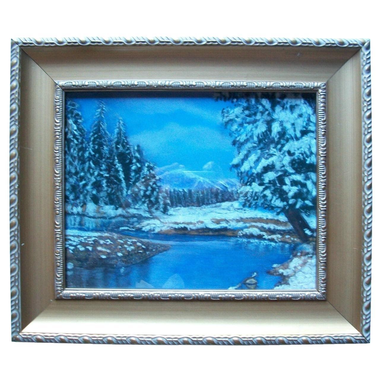 Drawing vintage d'un paysage d'hiver pastel - encadré - non signé - Canada - 20e siècle