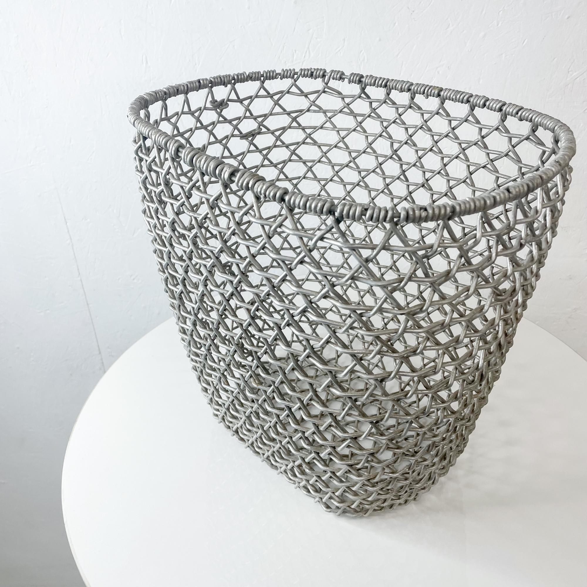 Mid-Century Modern Vintage Wire Basket Metal Weave in Aluminum Modern Container Open Grid 1970s