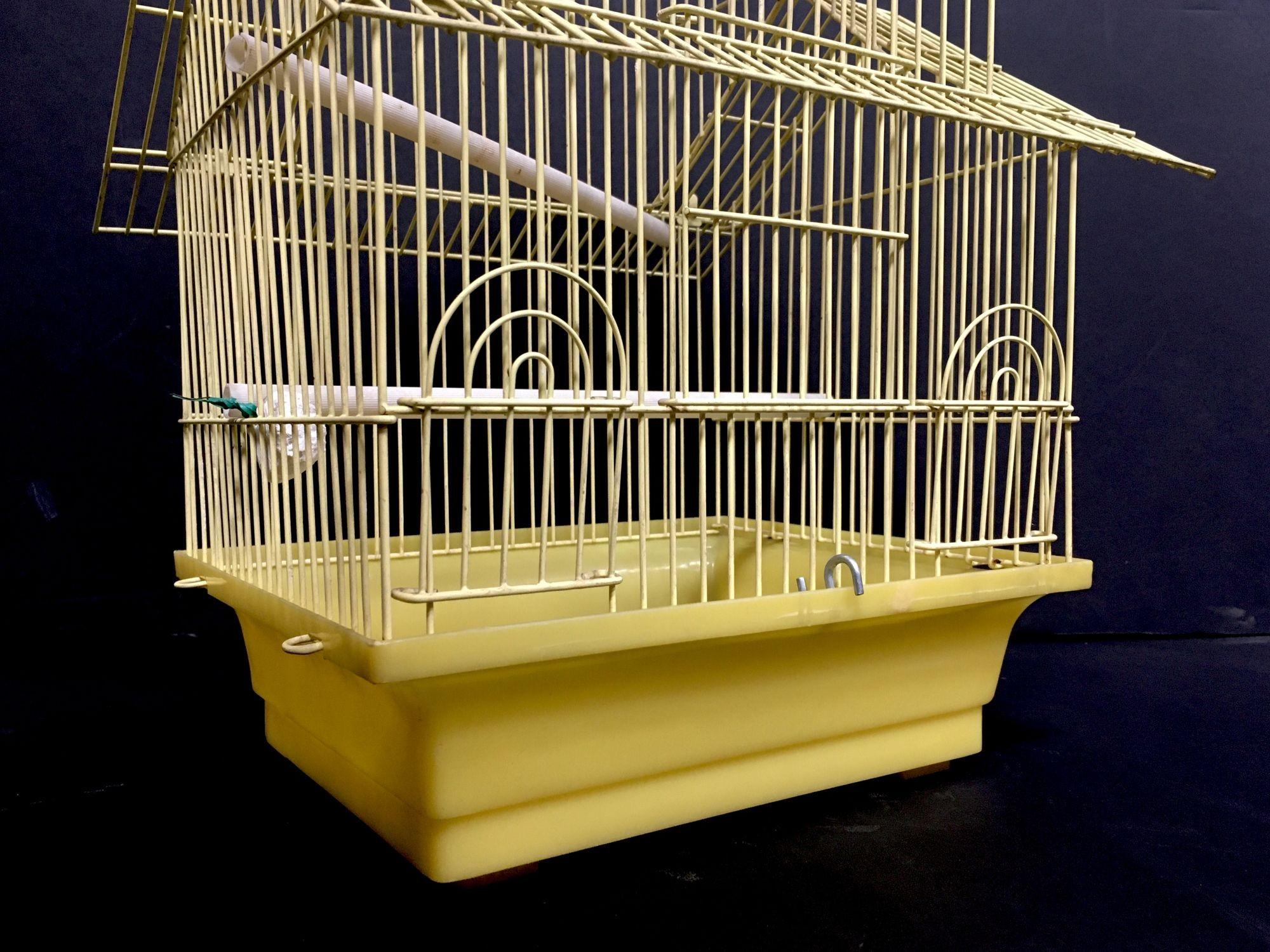 Vintage Wire House Birdcage Double Roof in Yellow with Accessories 2
