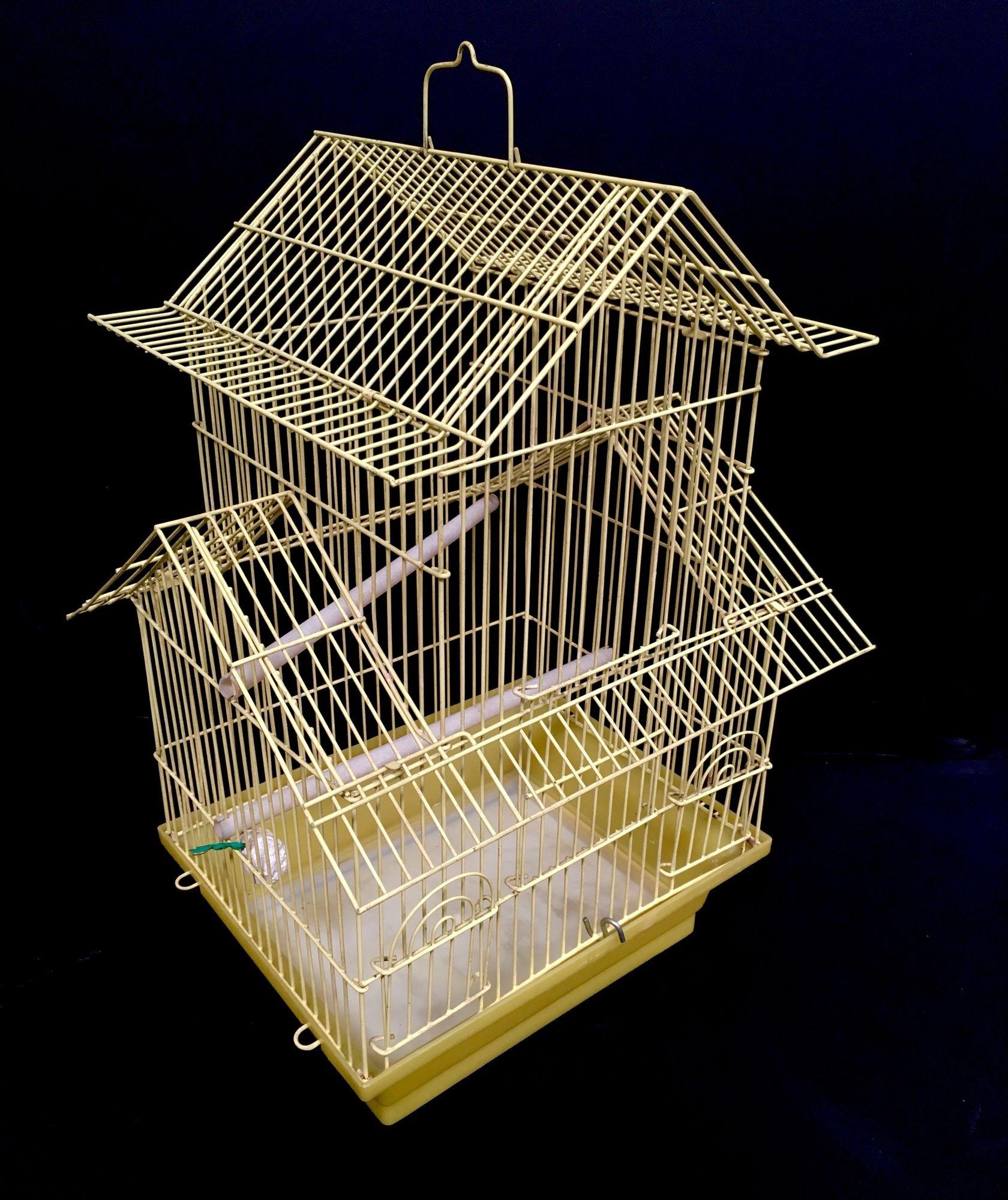 American Vintage Wire House Birdcage Double Roof in Yellow with Accessories
