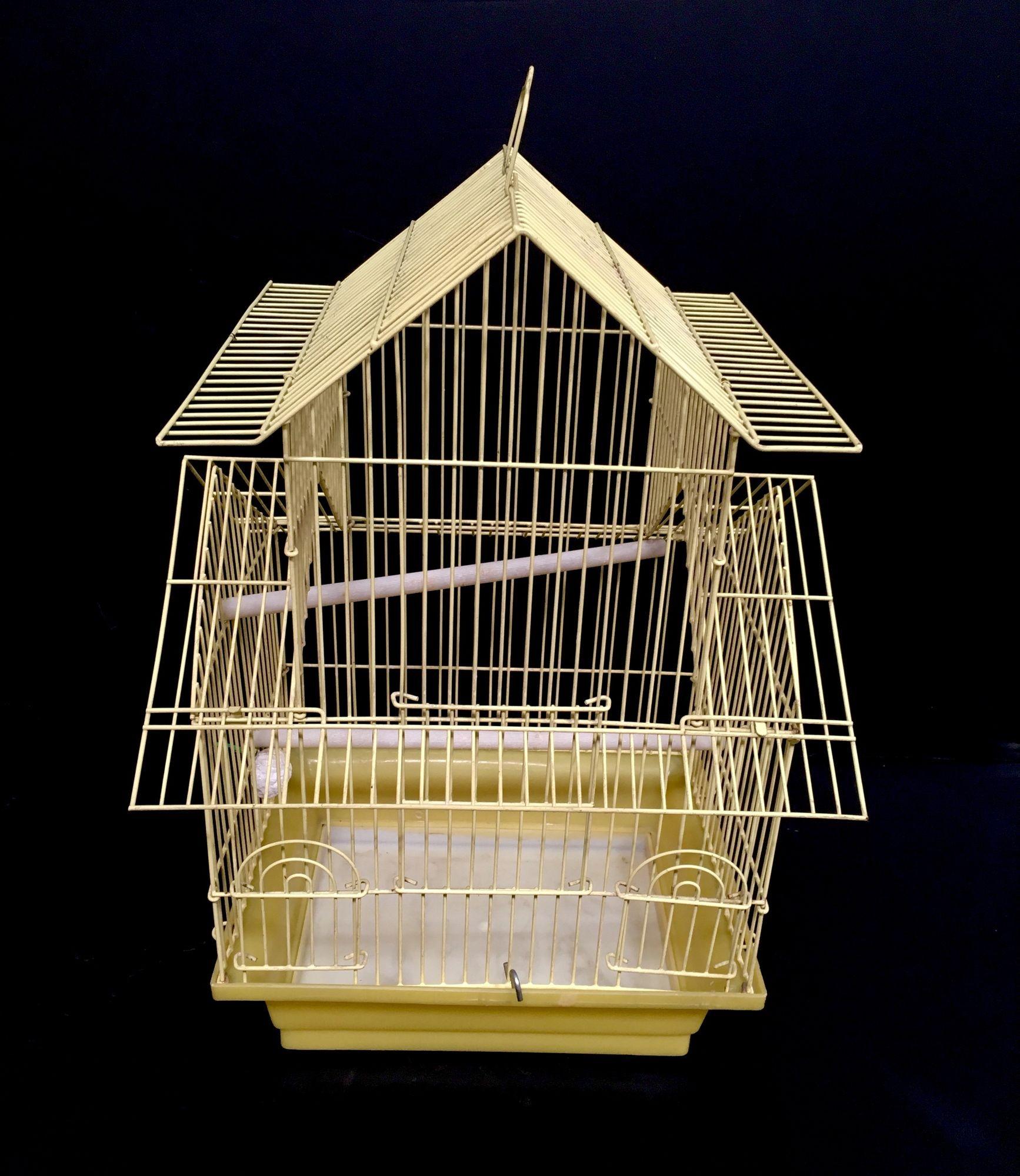 Vintage Wire House Birdcage Double Roof in Yellow with Accessories In Good Condition In Van Nuys, CA