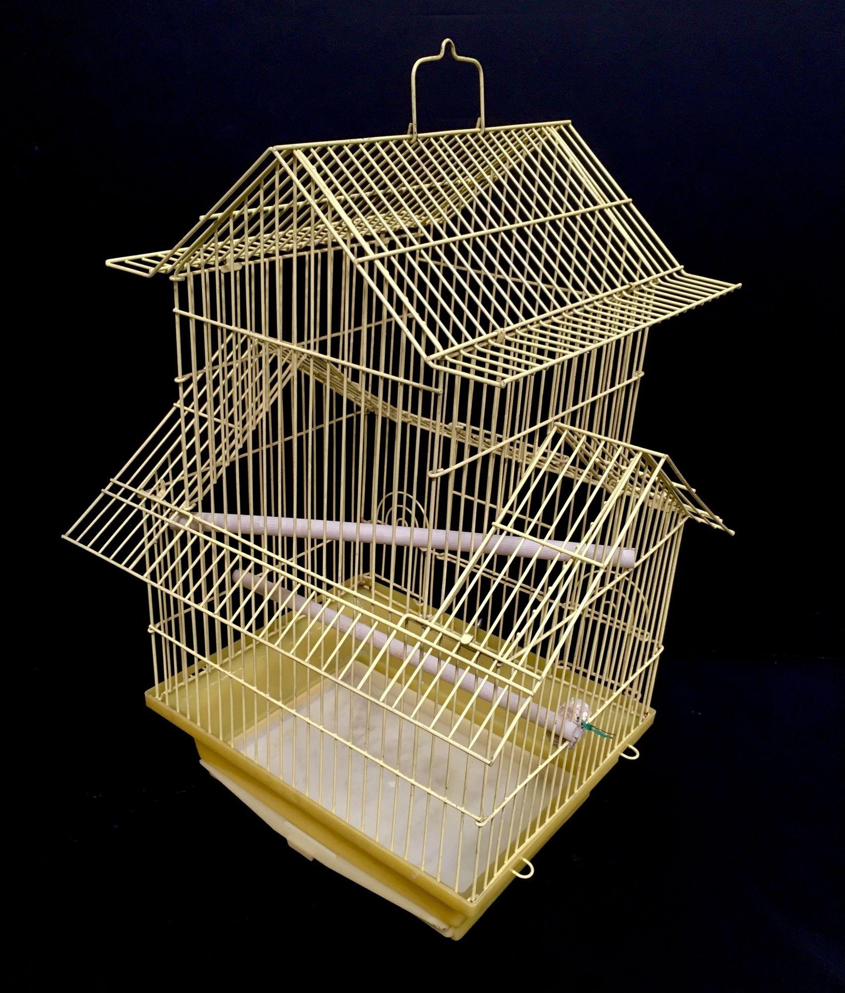 20th Century Vintage Wire House Birdcage Double Roof in Yellow with Accessories