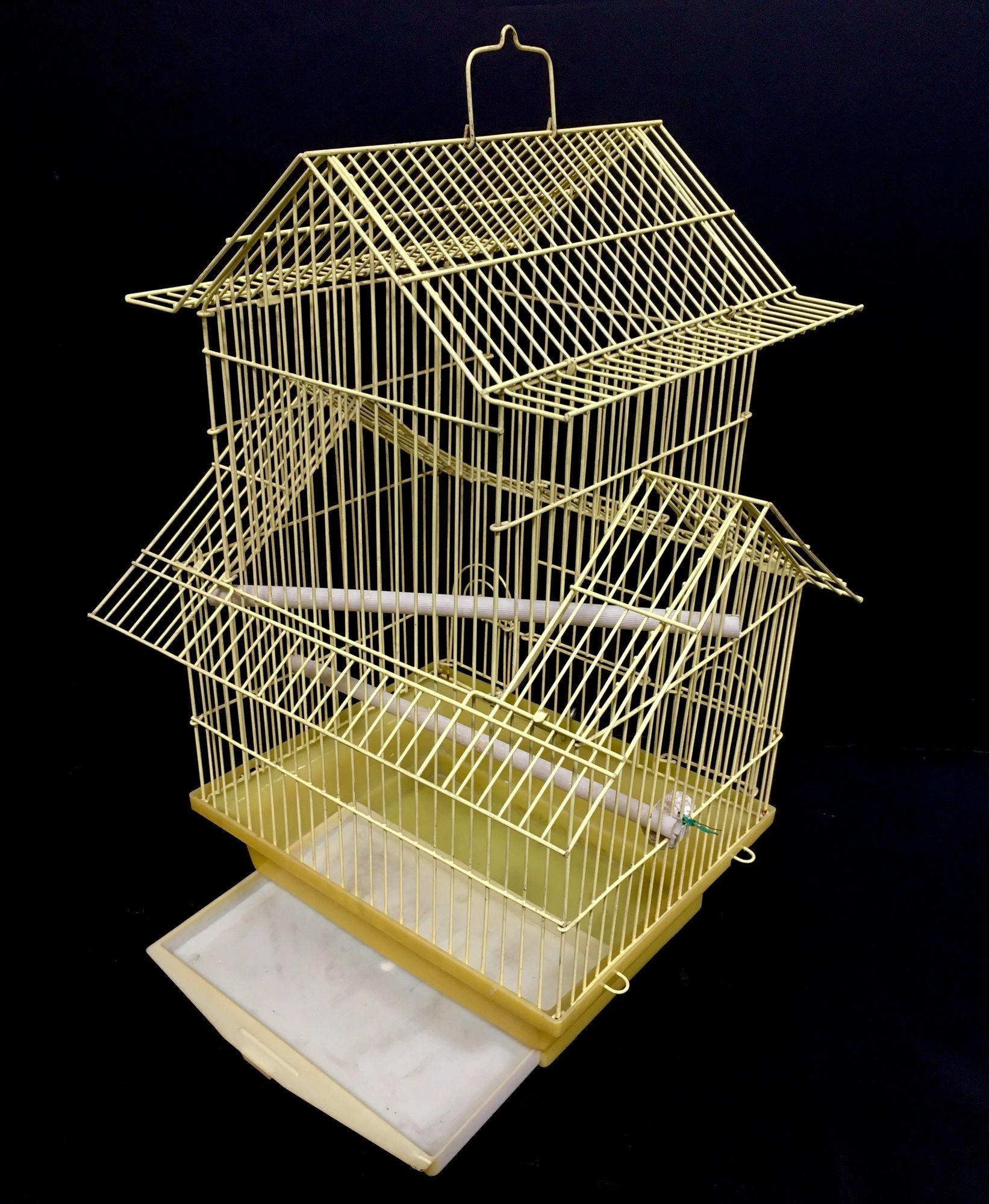 Vintage Wire House Birdcage Double Roof in Yellow with Accessories 1