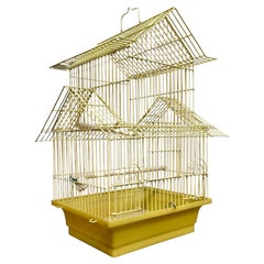 Vintage Wire House Birdcage Double Roof in Yellow with Accessories