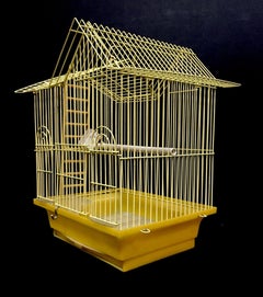 Vintage wire house birdcage single roof in yellow with accessories