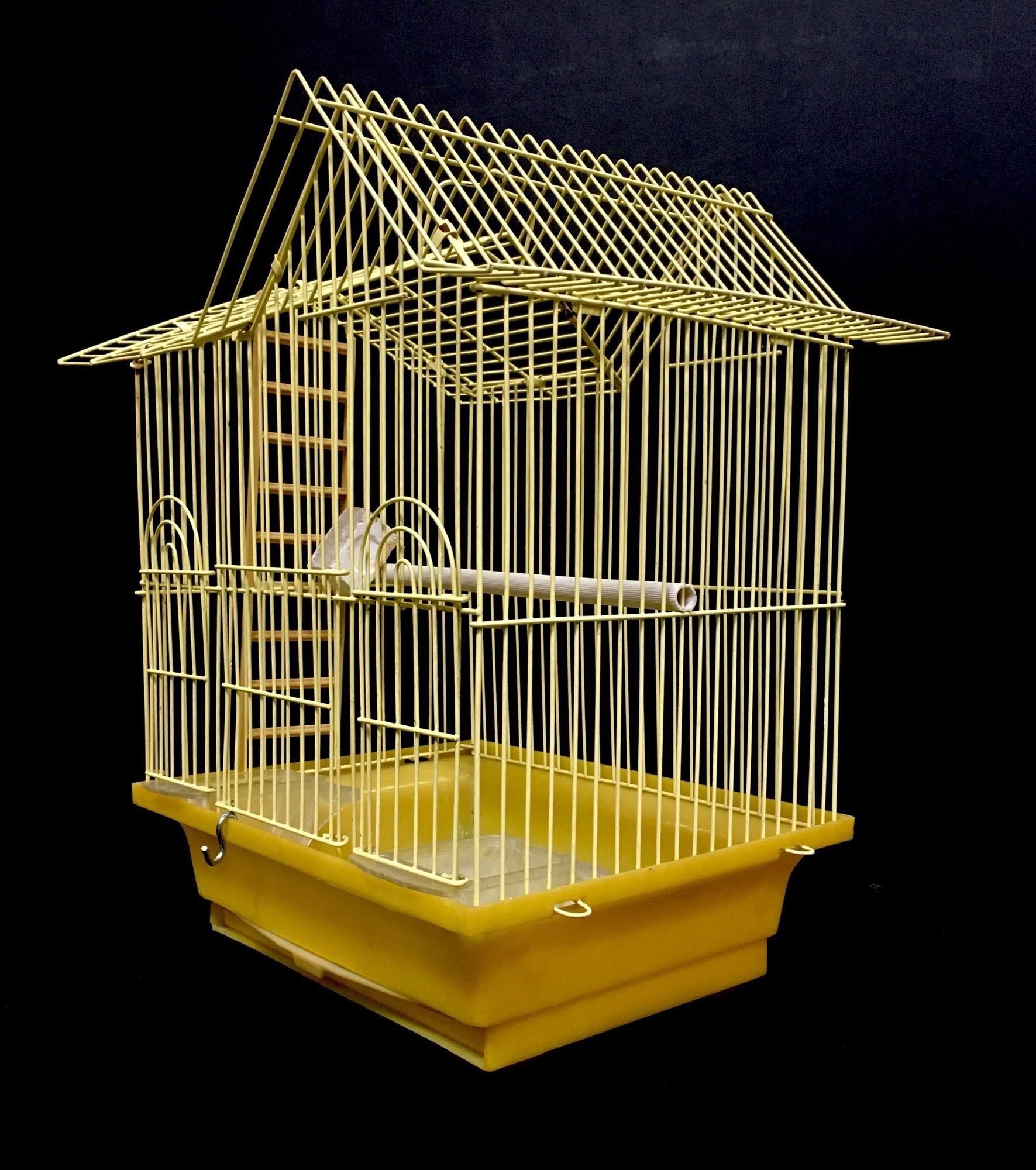 Vintage short wire house birdcage single roof in yellow with accessories. 
 
This wire birdcage comes with a plastic perch, one ladder, and 2 removable feeder trays, removable grille and pullout debris tray which makes it for an easy cleaning