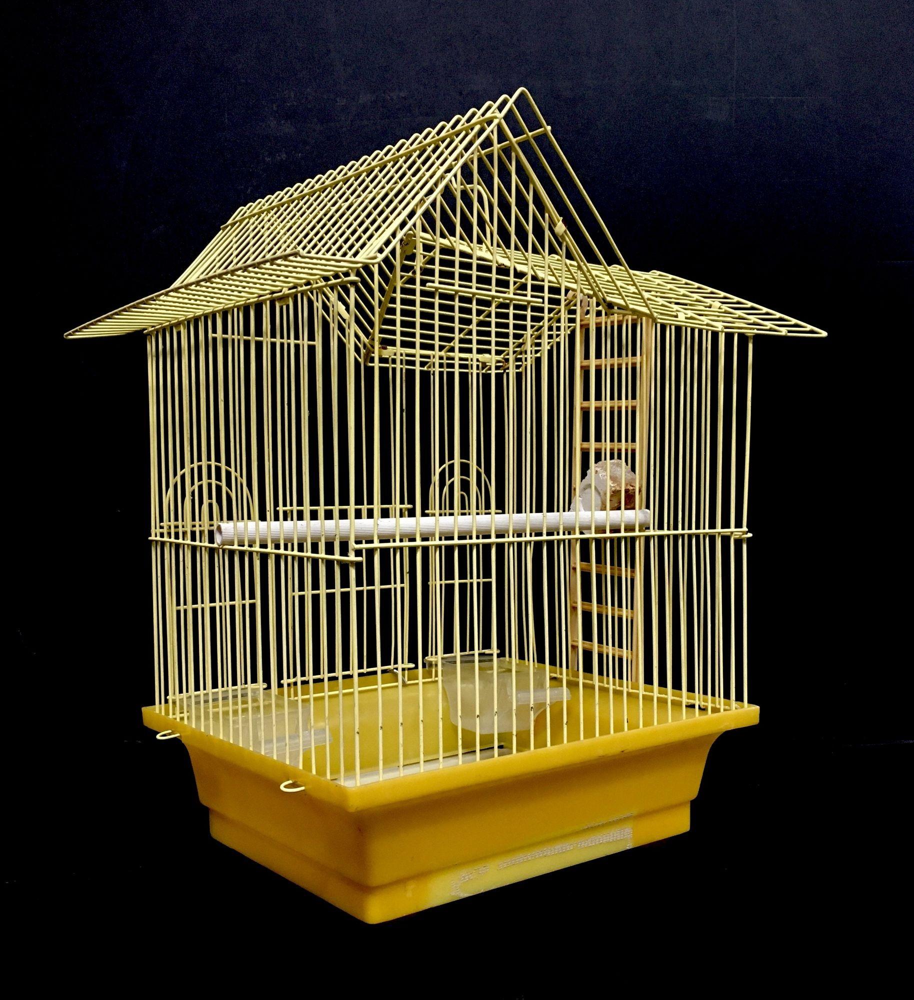 American Vintage wire house birdcage single roof in yellow with accessories For Sale